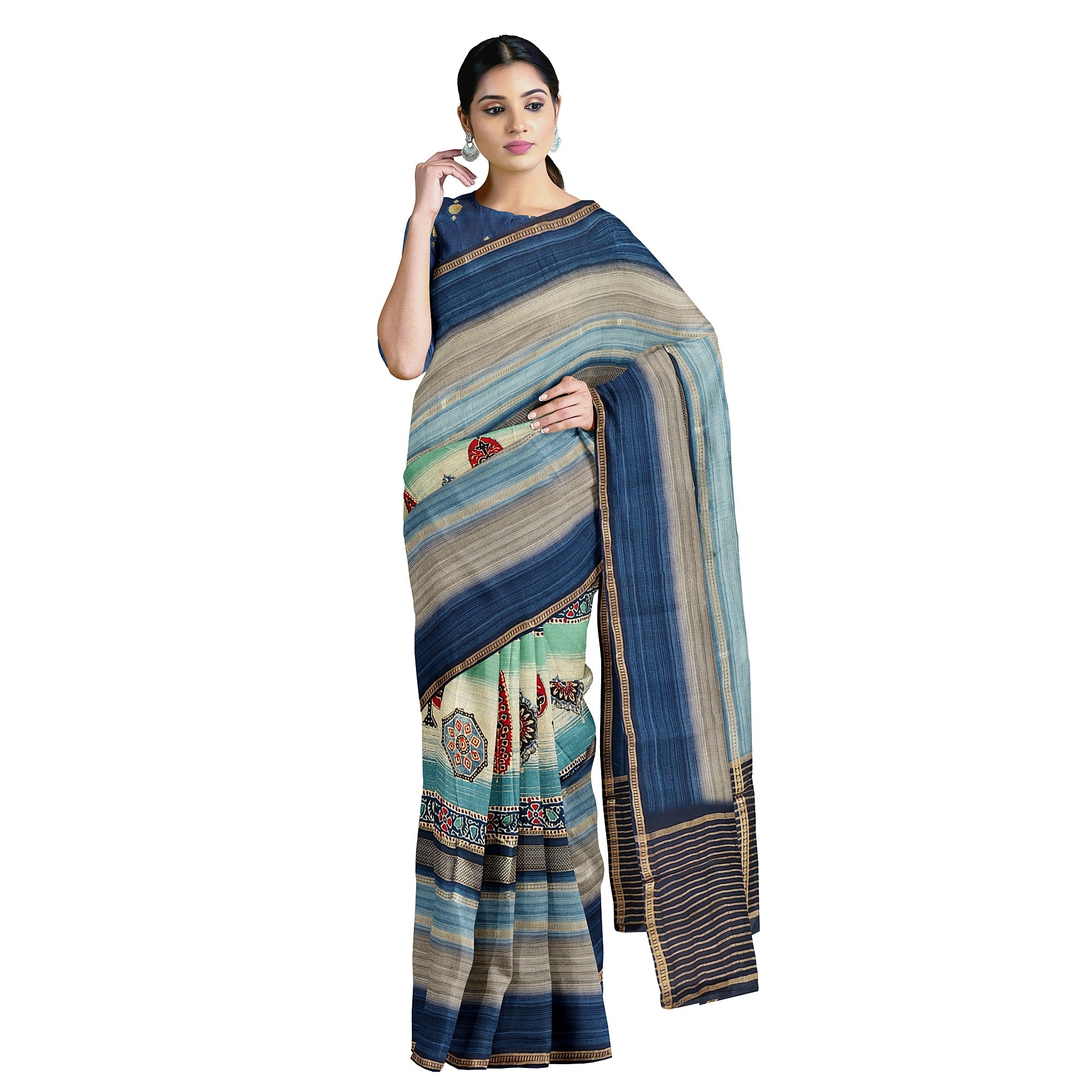 Blue Printed Saree – Grey Shaded Design – Shop Online
