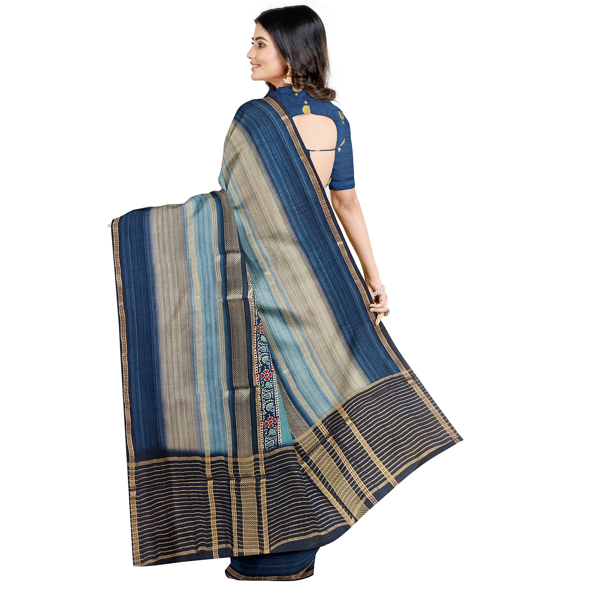 Blue Printed Saree – Grey Shaded Design – Shop Online
