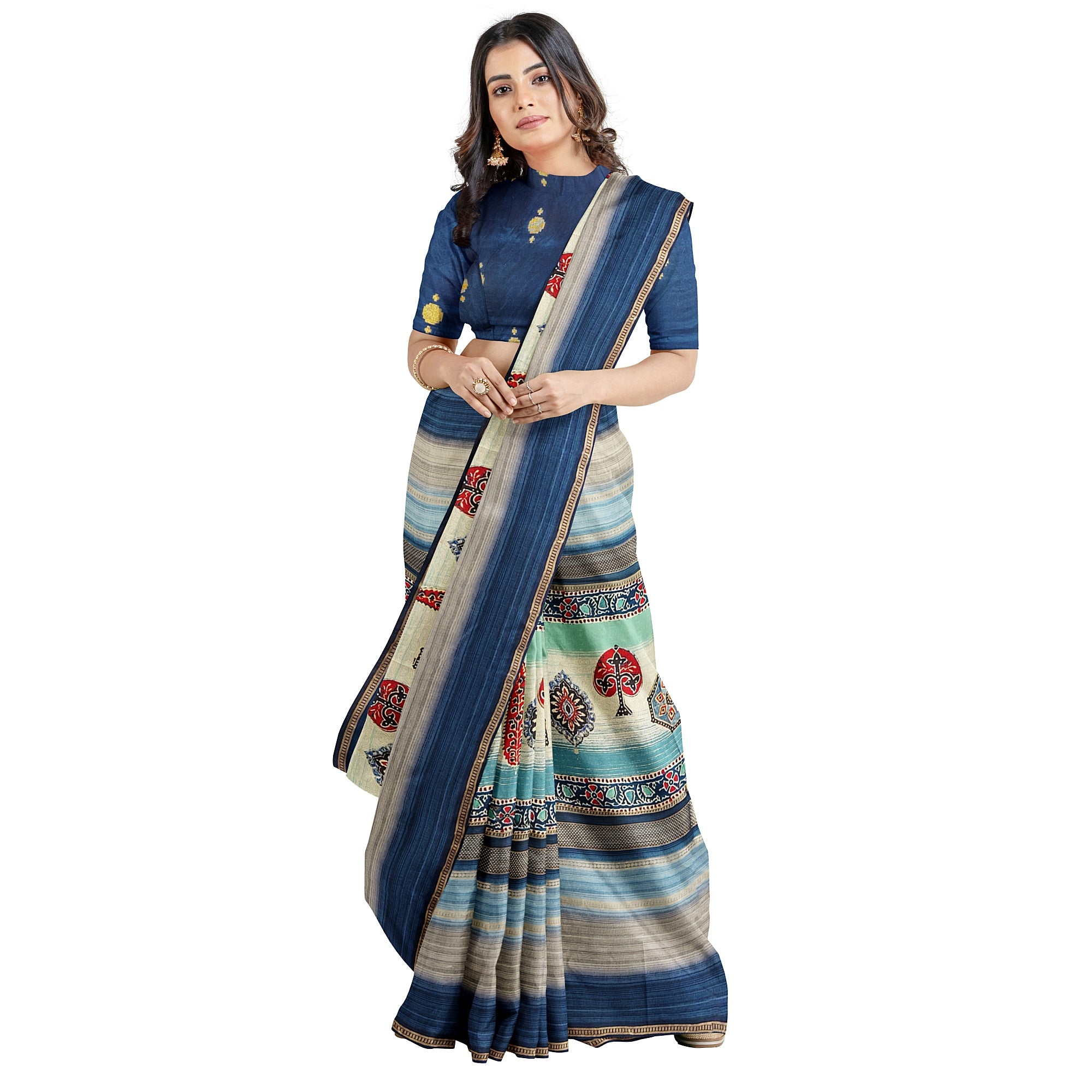 Blue Printed Saree – Grey Shaded Design – Shop Online