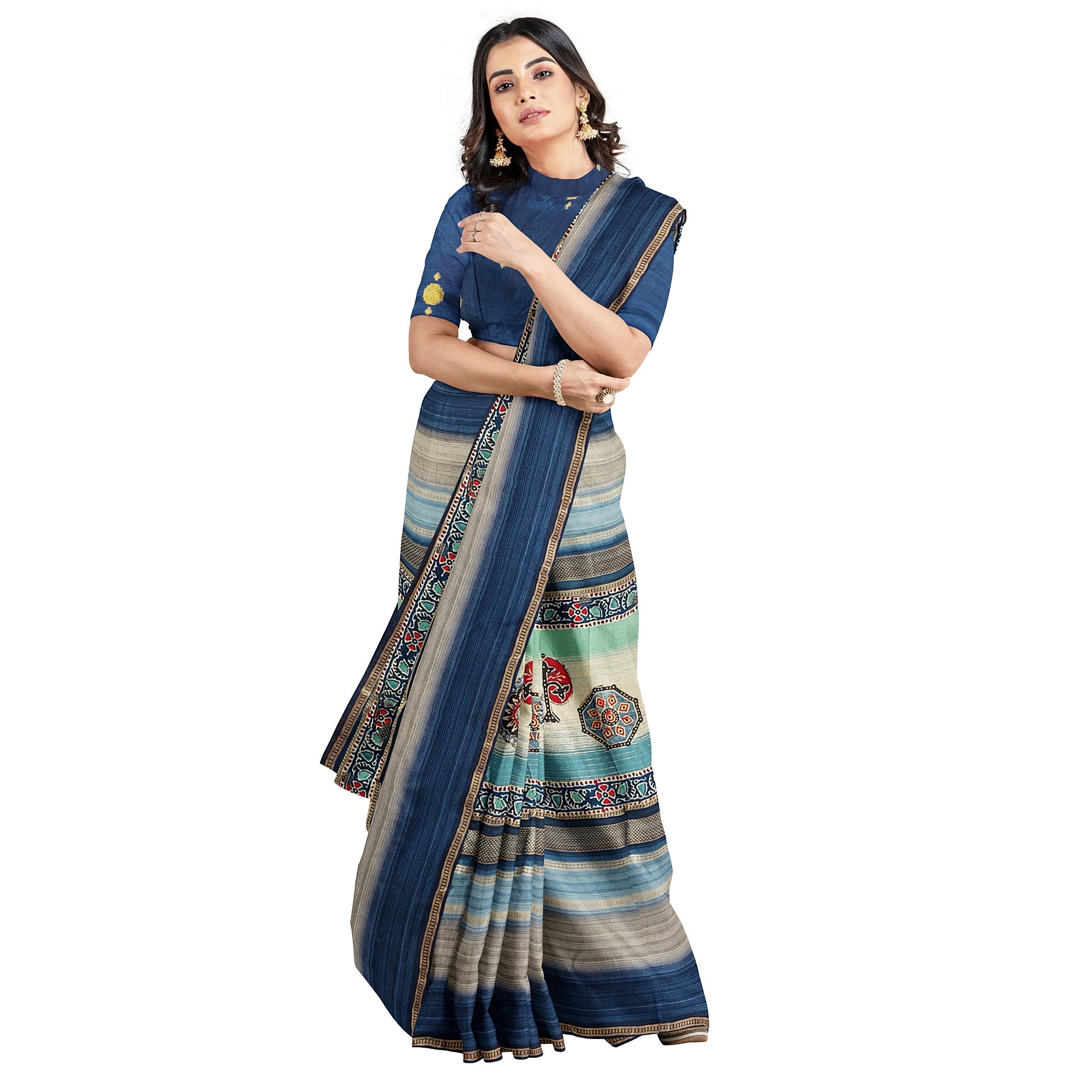Blue Printed Saree – Grey Shaded Design – Shop Online