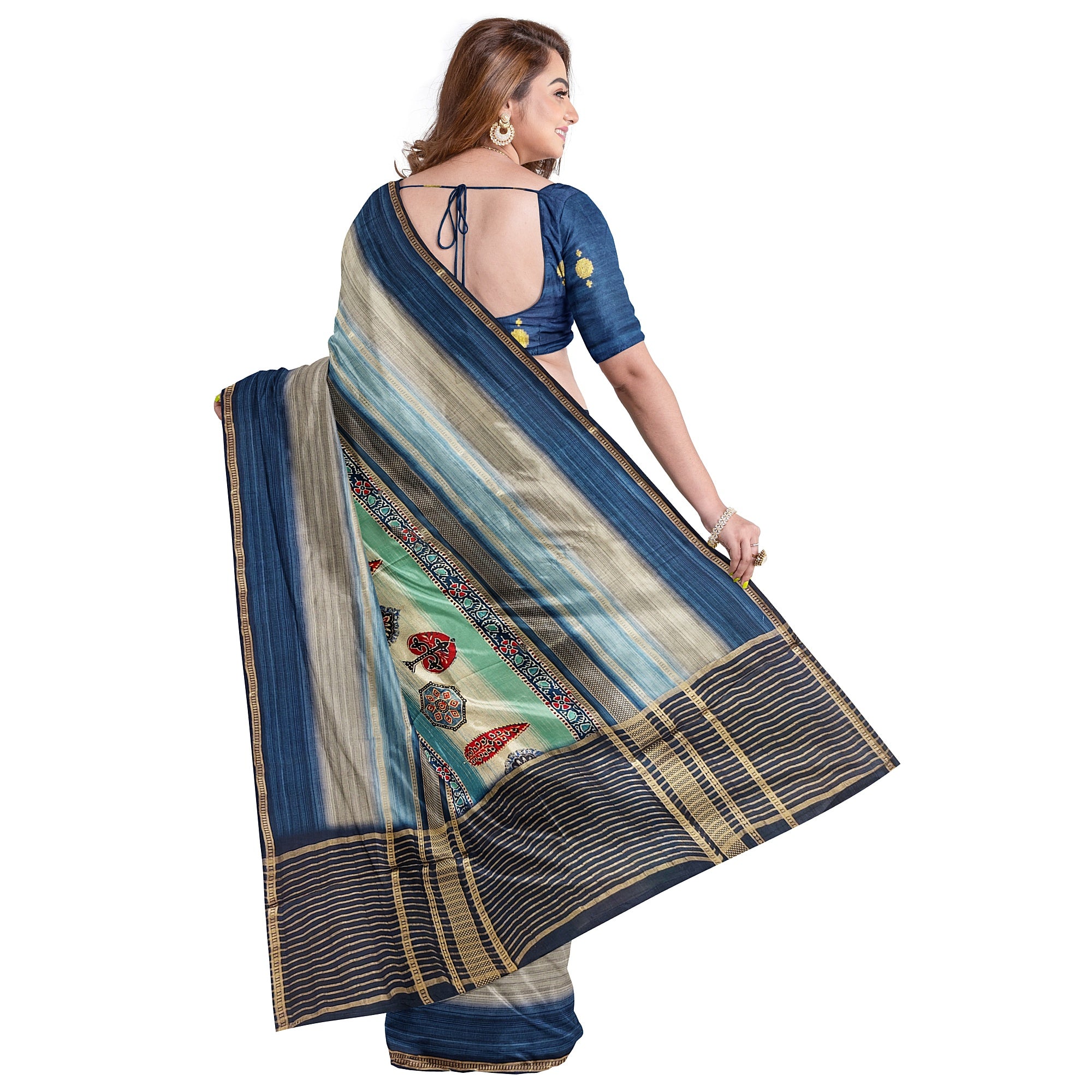Blue Printed Saree – Grey Shaded Design – Shop Online