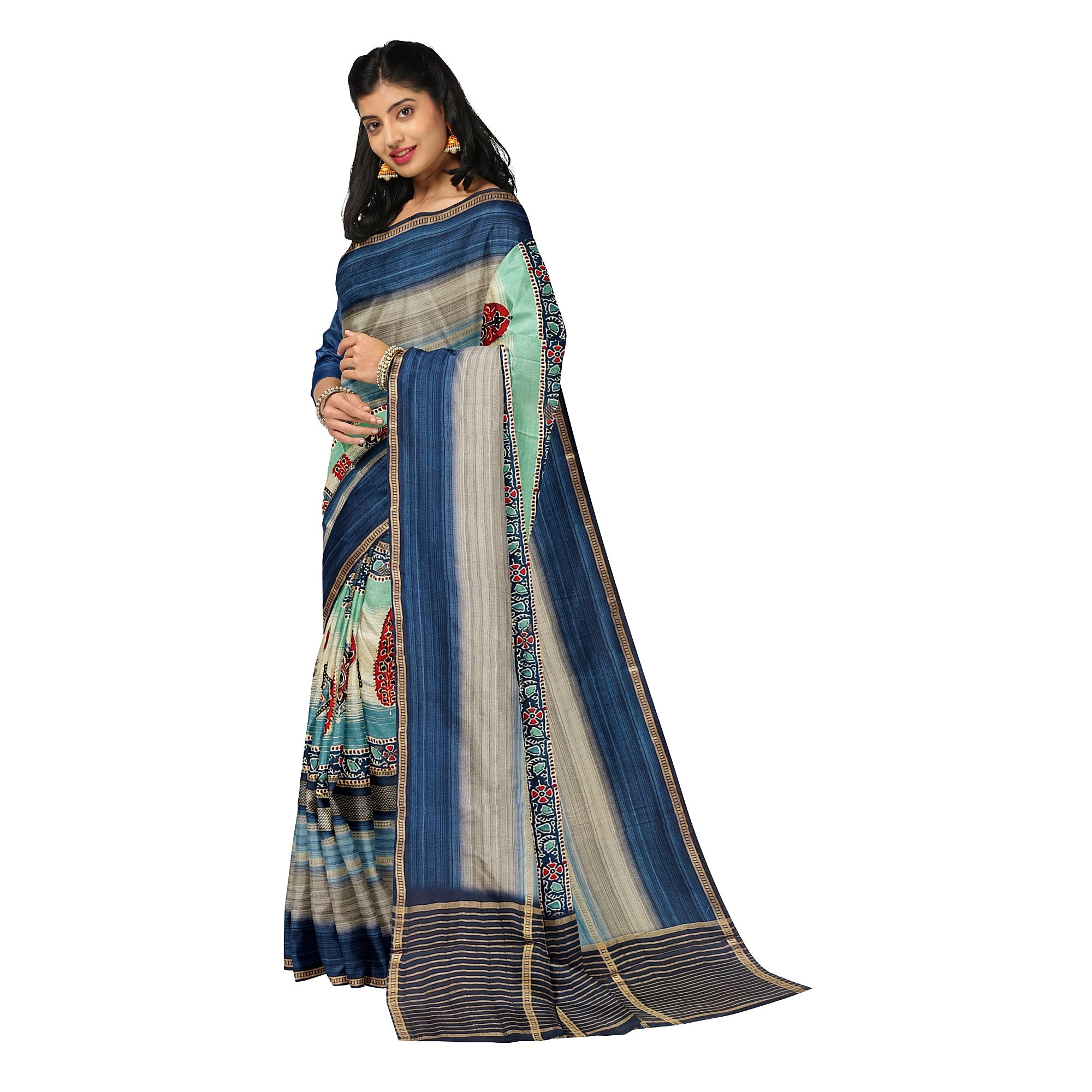 Blue Printed Saree – Grey Shaded Design – Shop Online