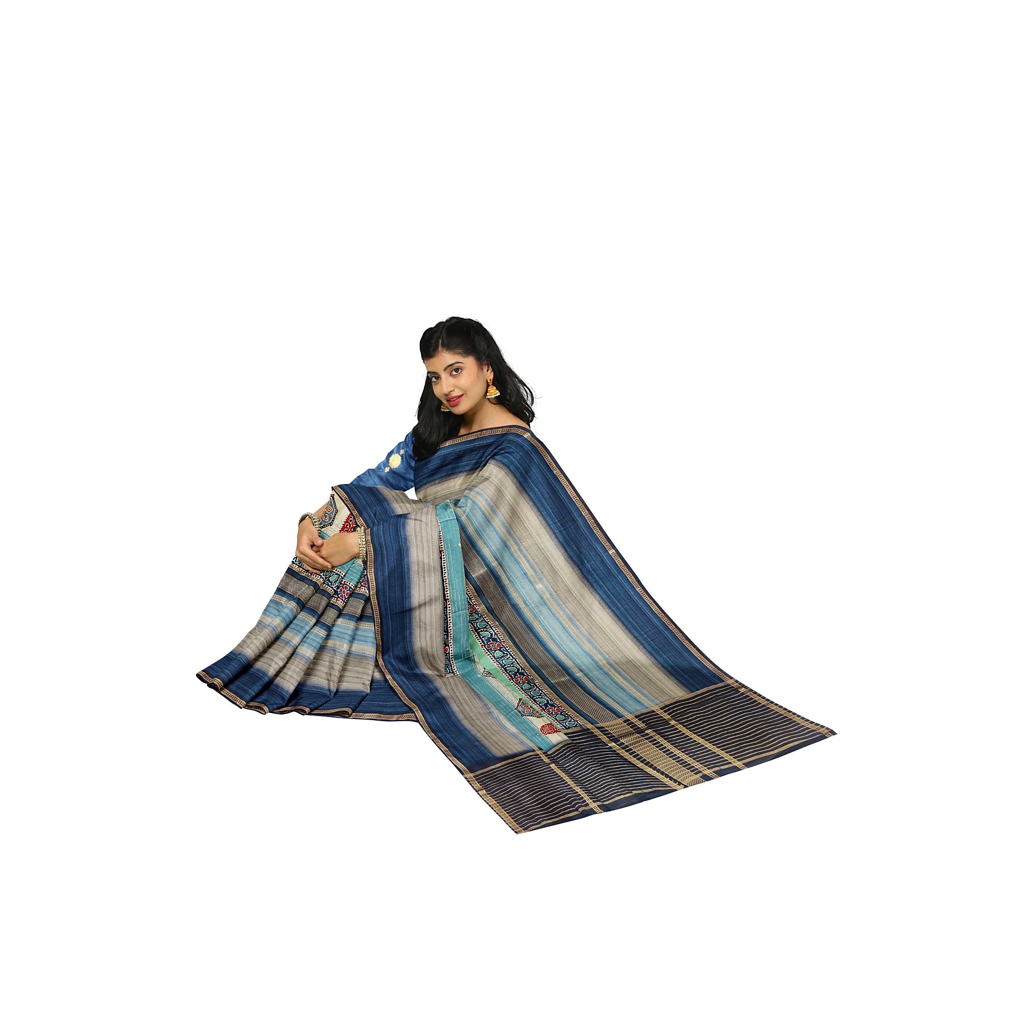 Blue Printed Saree – Grey Shaded Design – Shop Online