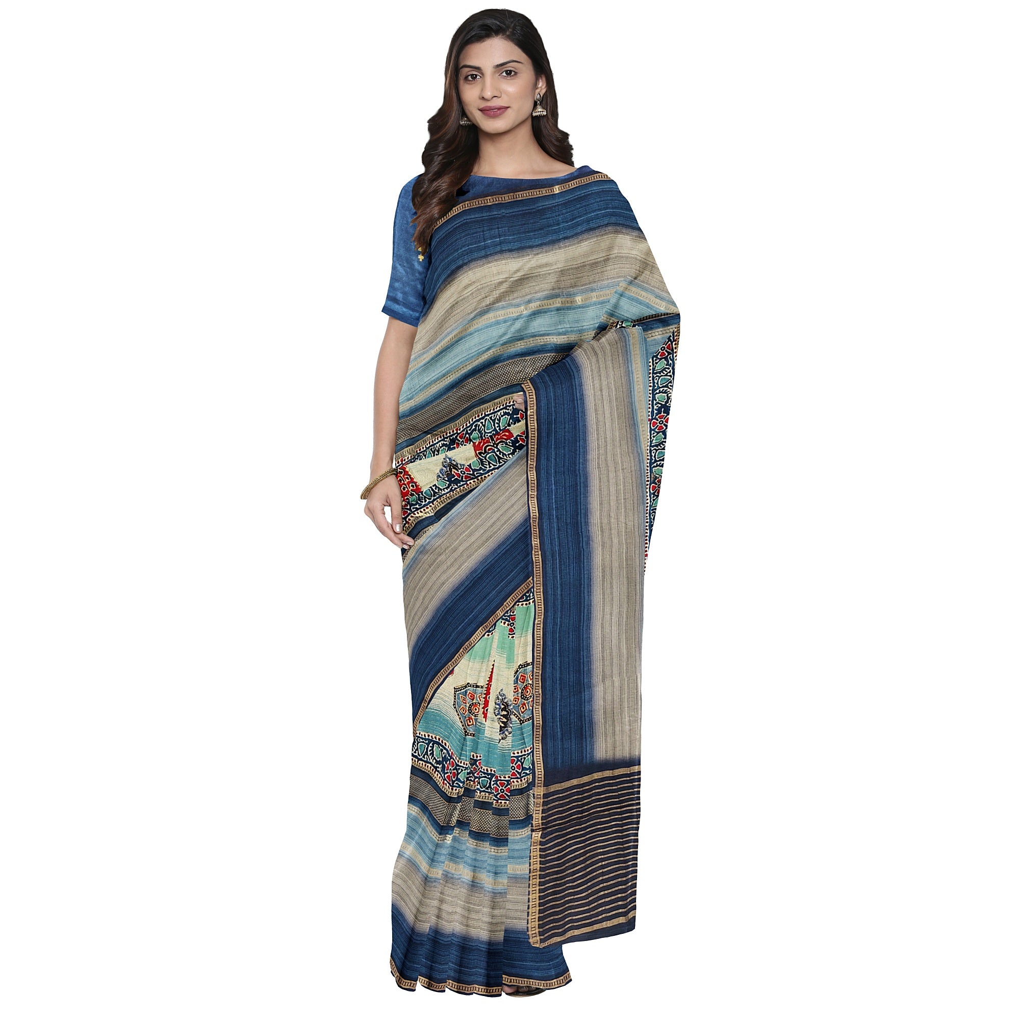 Blue Printed Saree – Grey Shaded Design – Shop Online