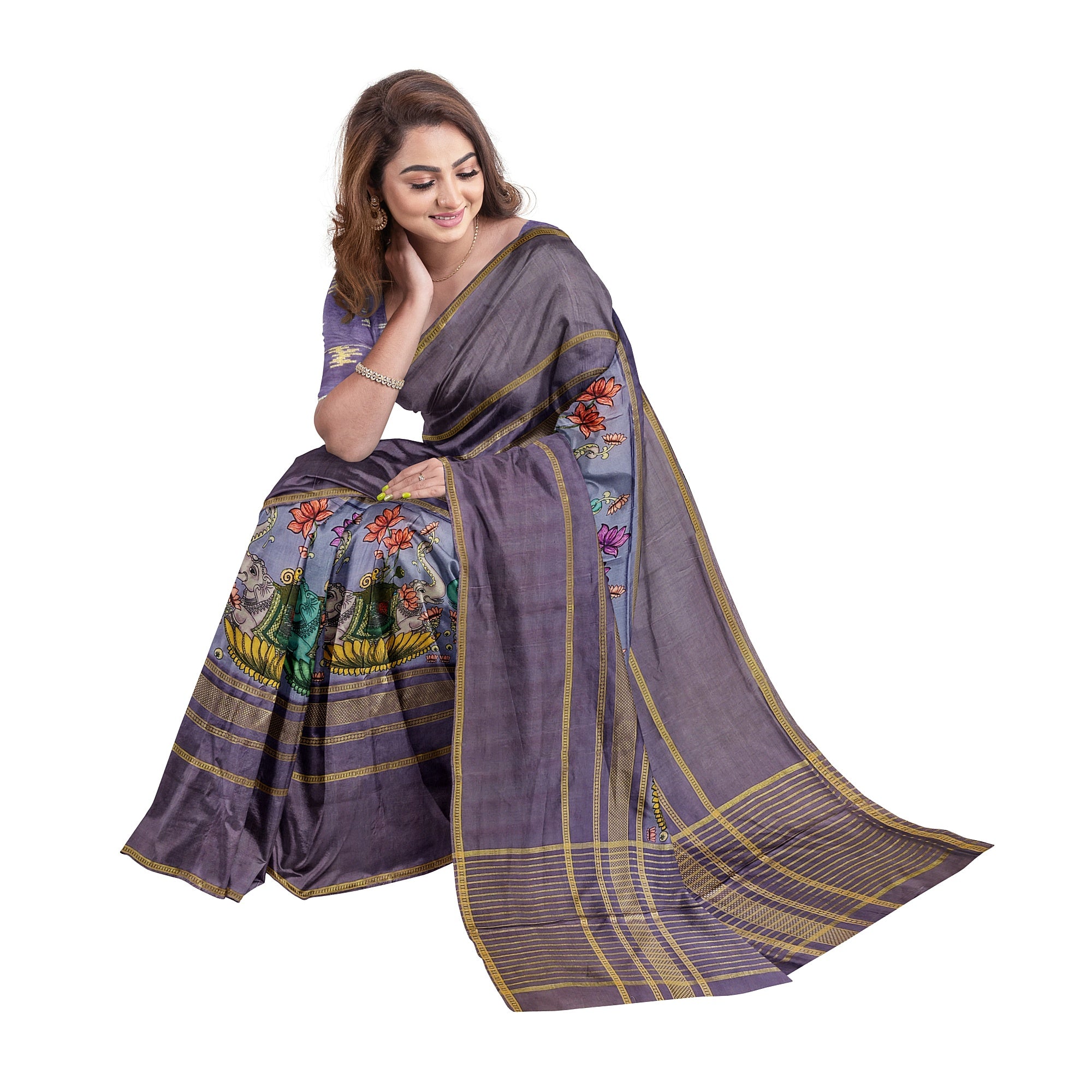 Dark Lavender Printed Saree – Traditional Design – Shop Online