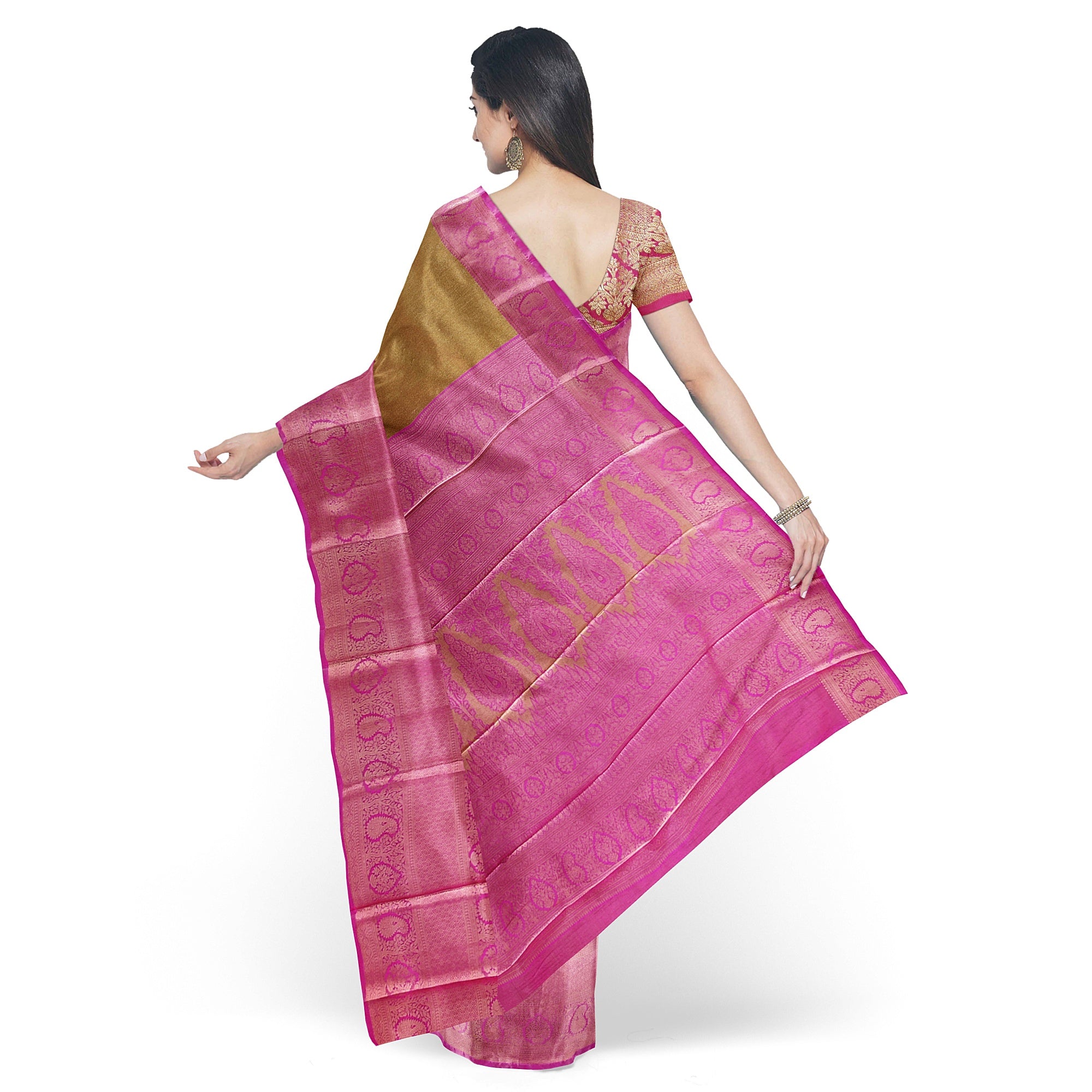 Royal Gold Saree with Light Pink Border – Elegant Zari Work