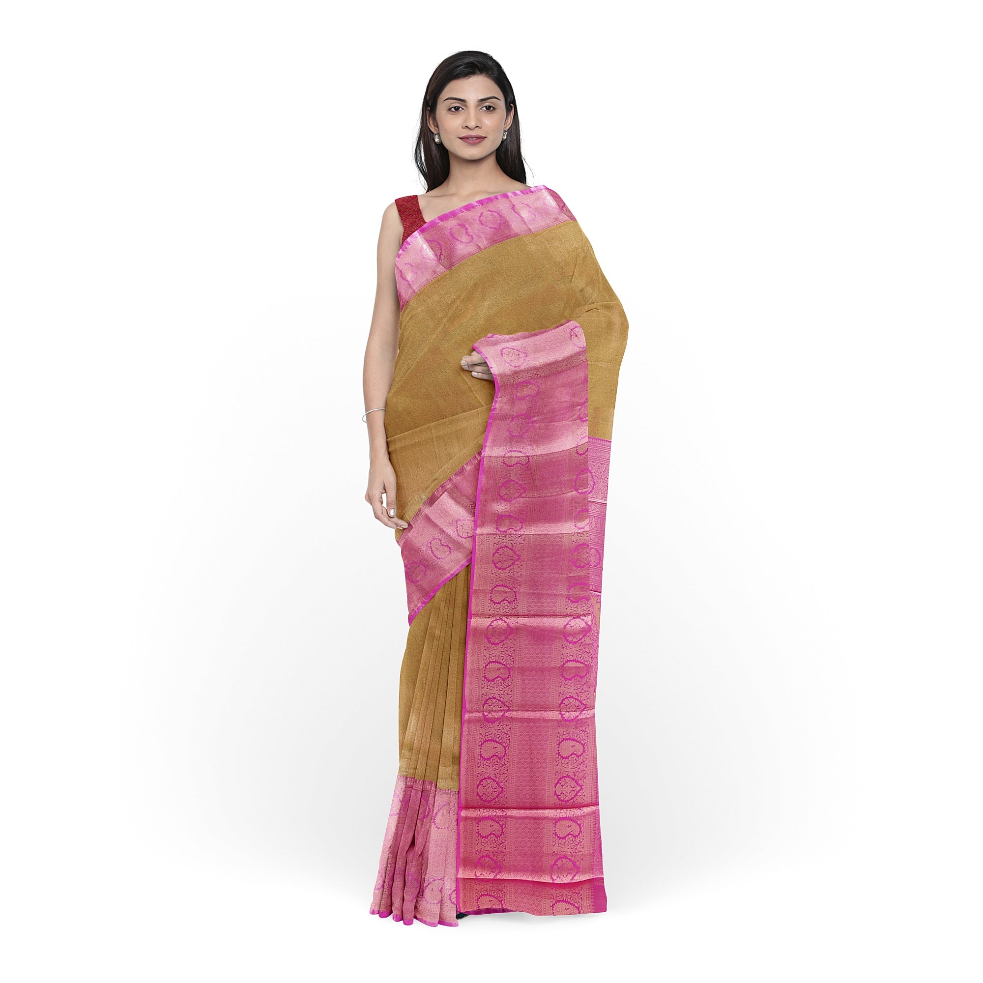 Royal Gold Saree with Light Pink Border – Elegant Zari Work