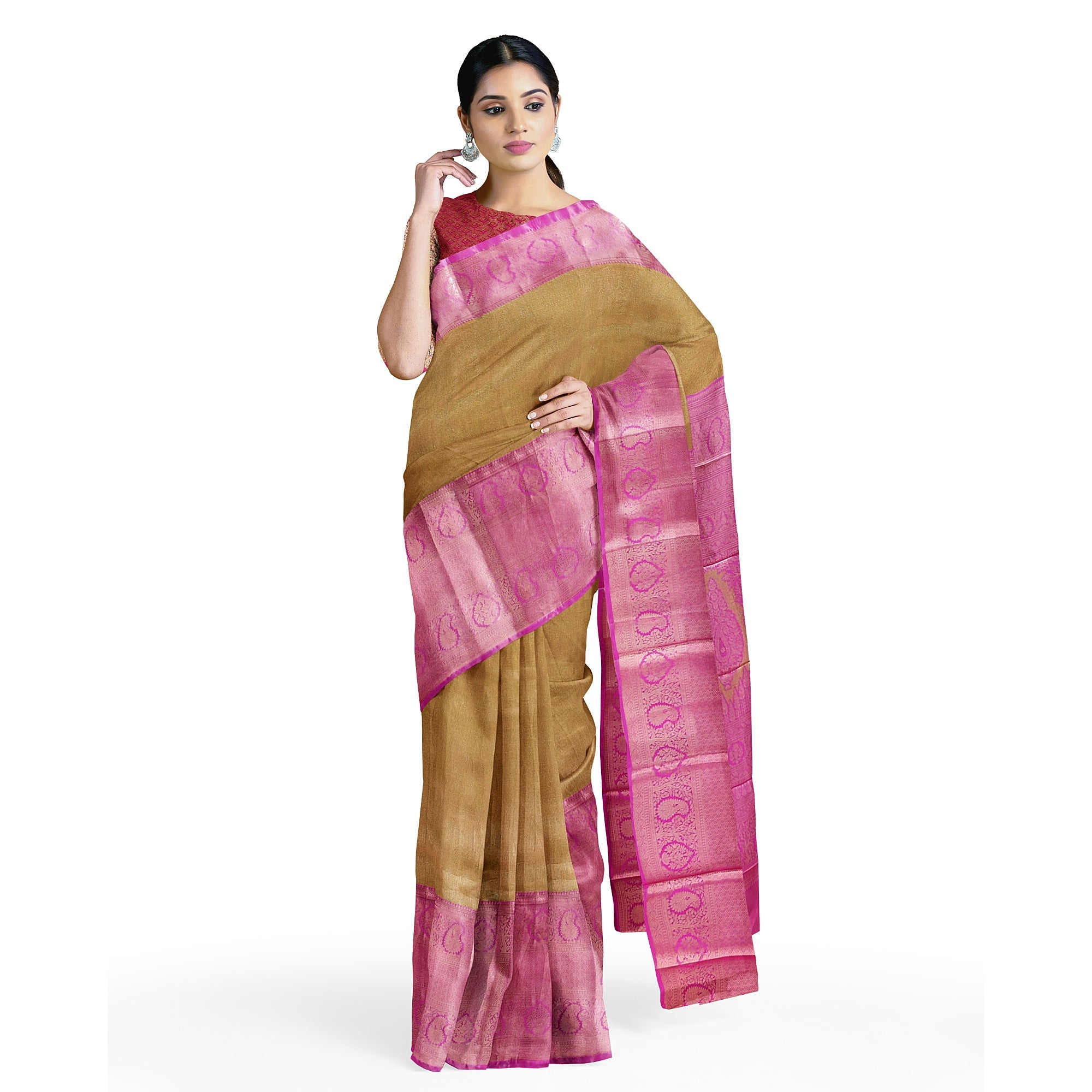 Royal Gold Saree with Light Pink Border – Elegant Zari Work