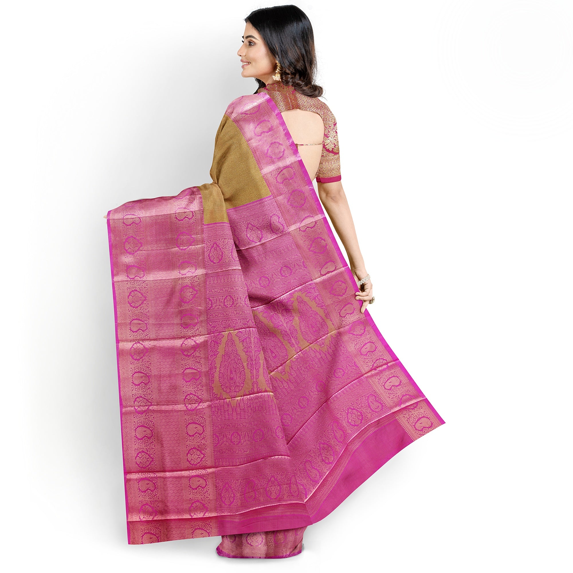 Royal Gold Saree with Light Pink Border – Elegant Zari Work