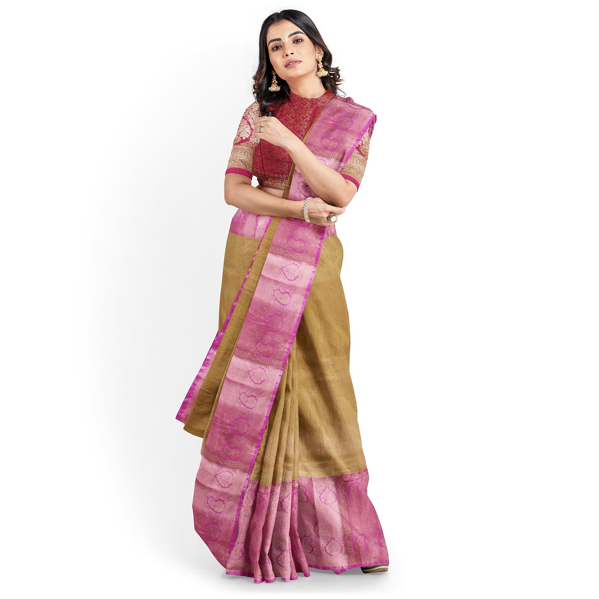 Royal Gold Saree with Light Pink Border – Elegant Zari Work
