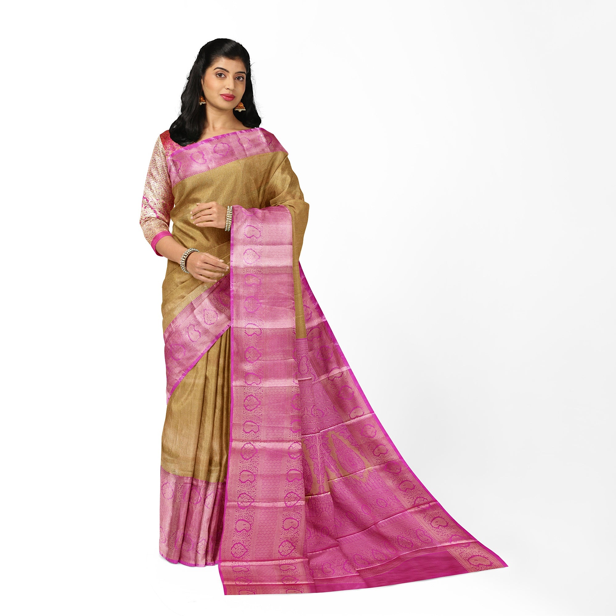 Royal Gold Saree with Light Pink Border – Elegant Zari Work