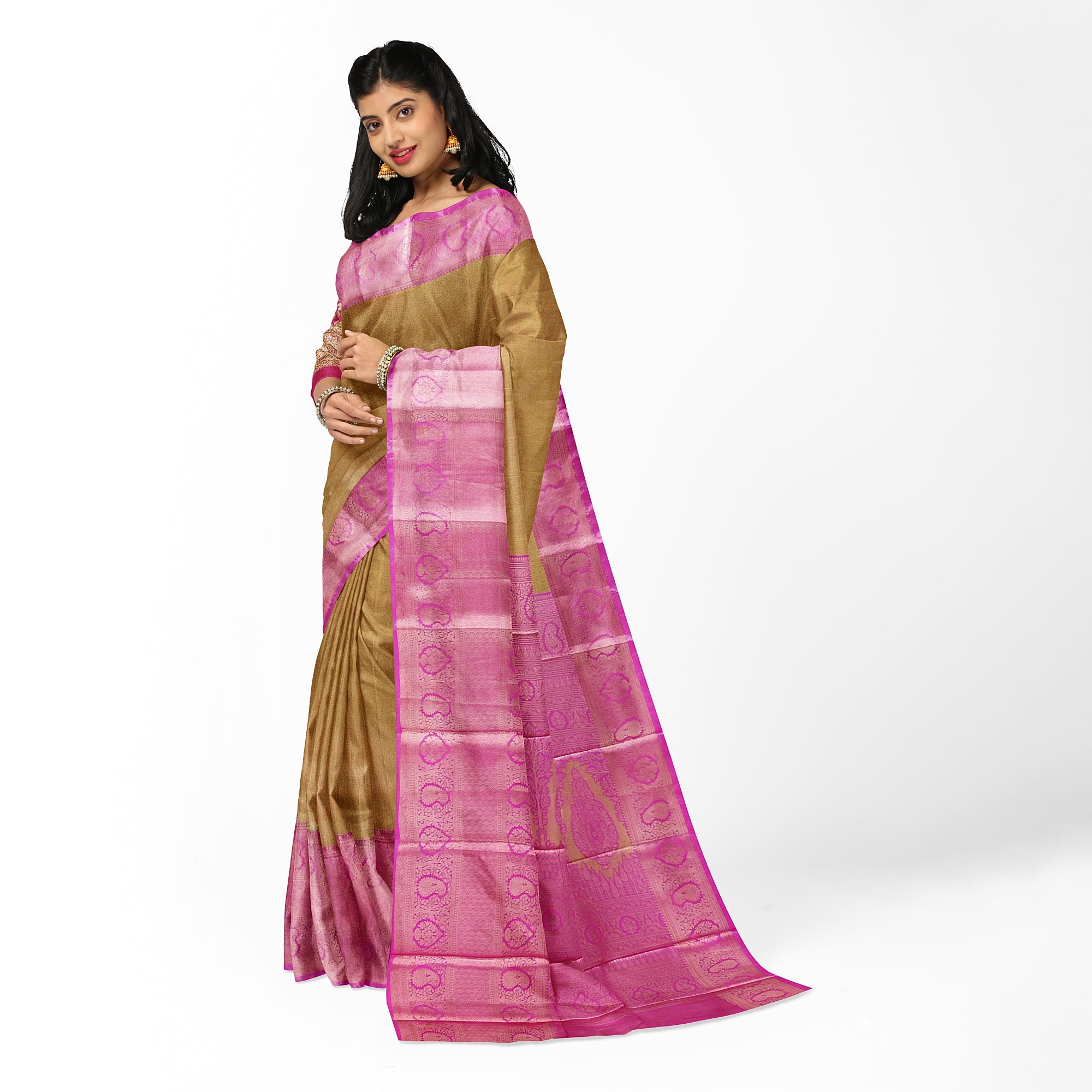 Royal Gold Saree with Light Pink Border – Elegant Zari Work