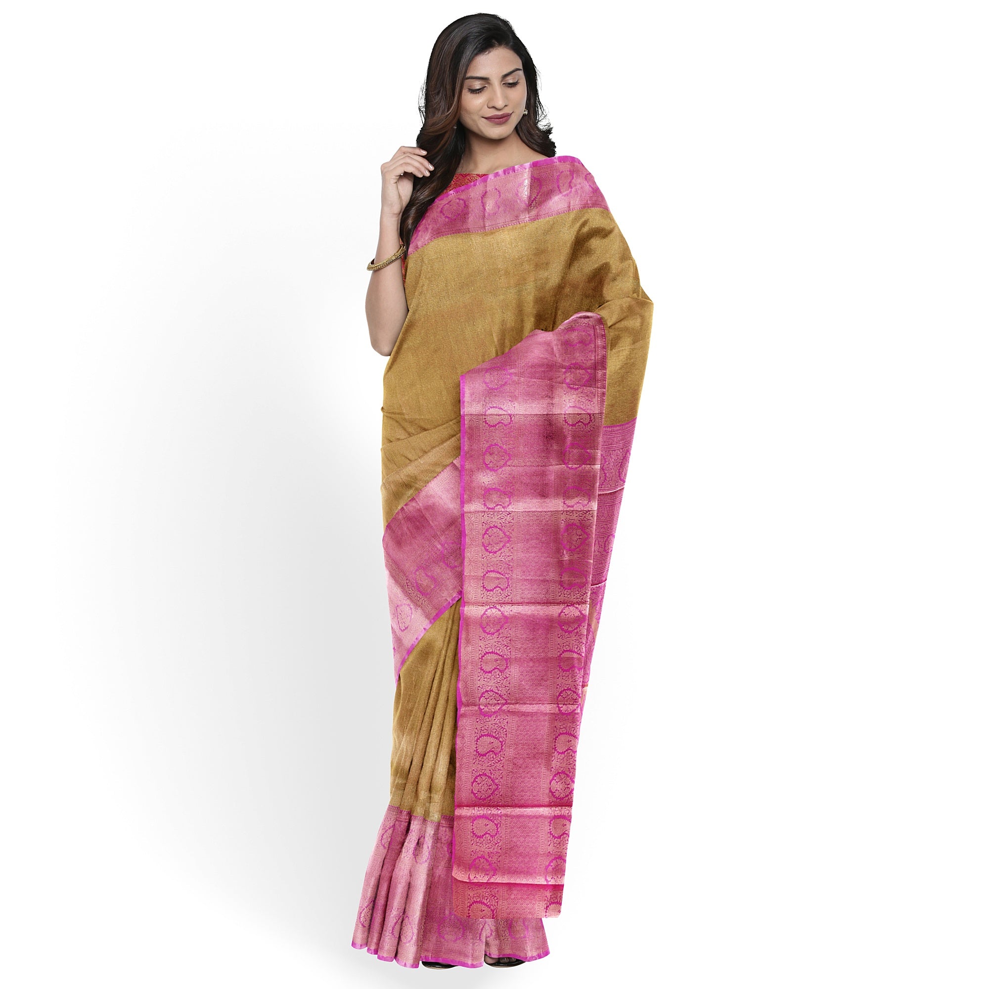 Royal Gold Saree with Light Pink Border – Elegant Zari Work