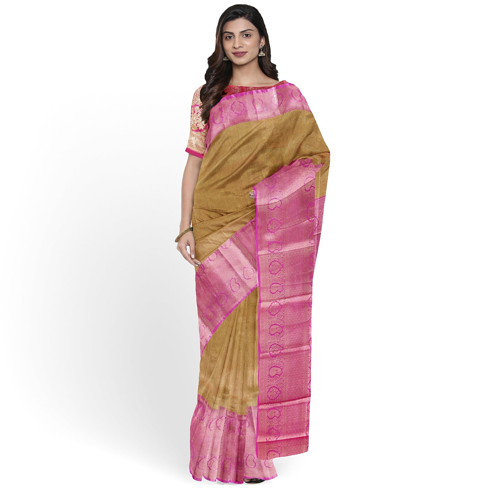 Royal Gold Saree with Light Pink Border – Elegant Zari Work