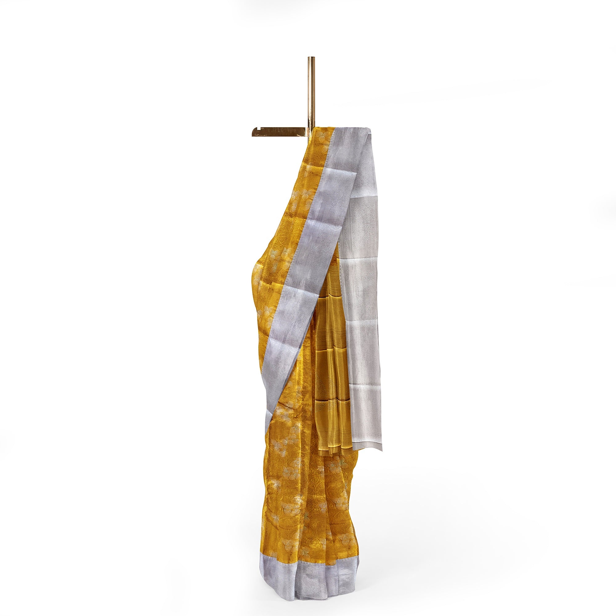 Gold Saree with Silver Border – Semi Tissue Silk Elegance