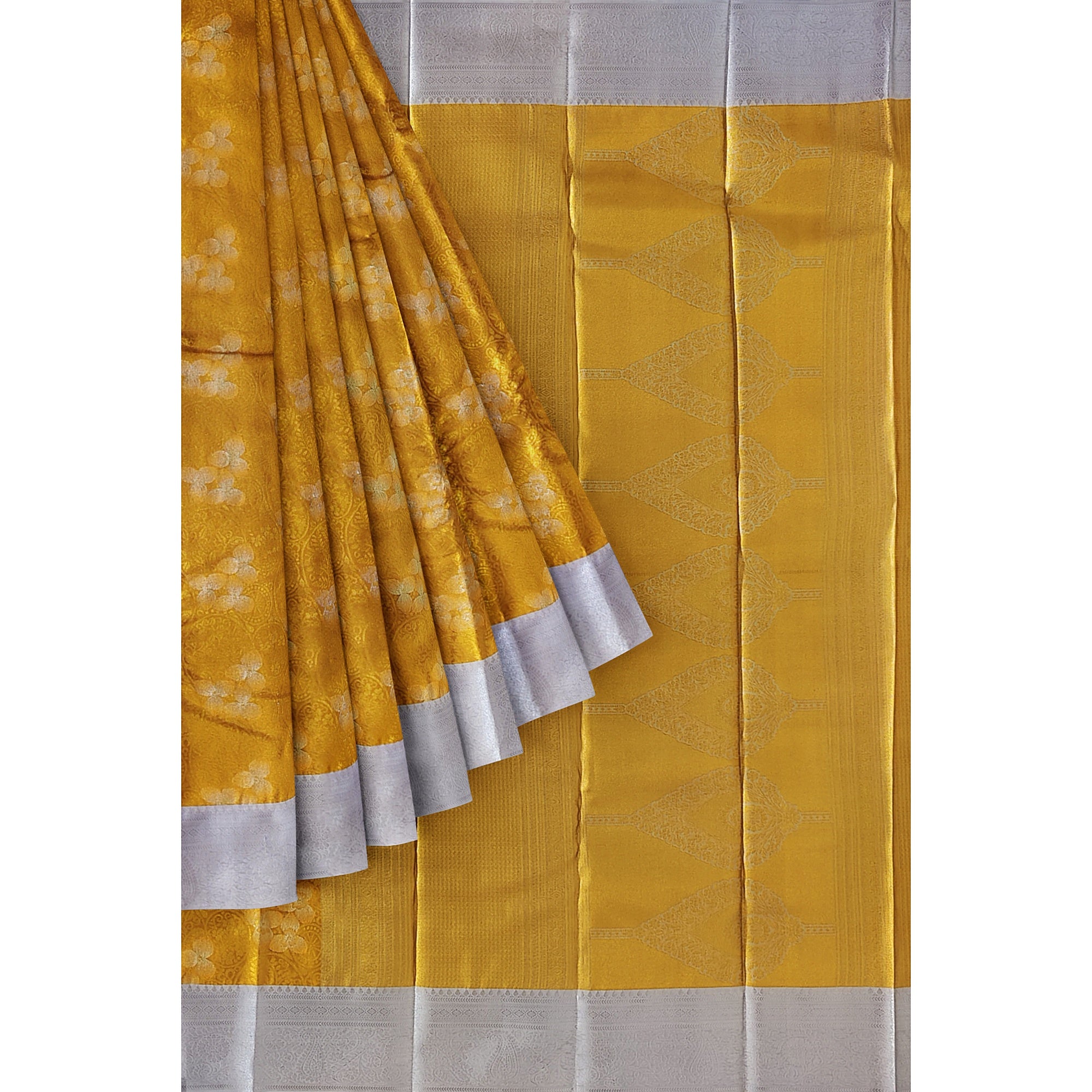 Gold Saree with Silver Border – Semi Tissue Silk Elegance