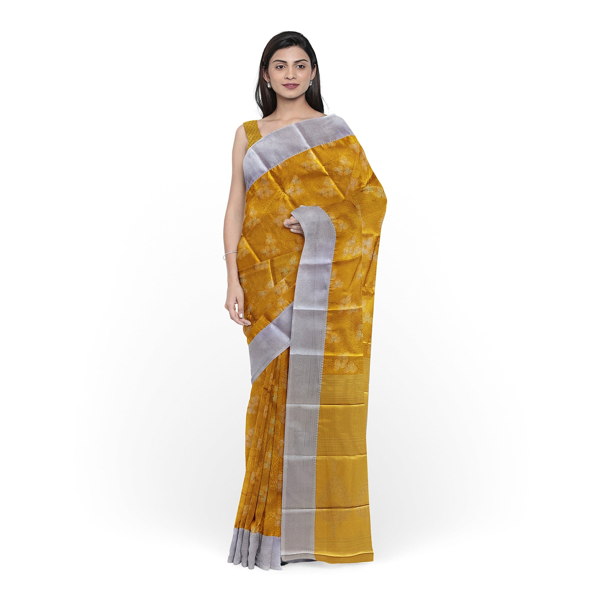 Gold Saree with Silver Border – Semi Tissue Silk Elegance