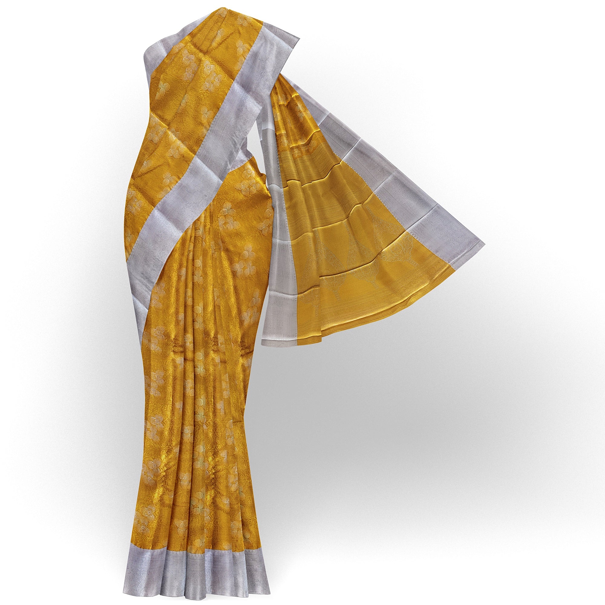 Gold Saree with Silver Border – Semi Tissue Silk Elegance
