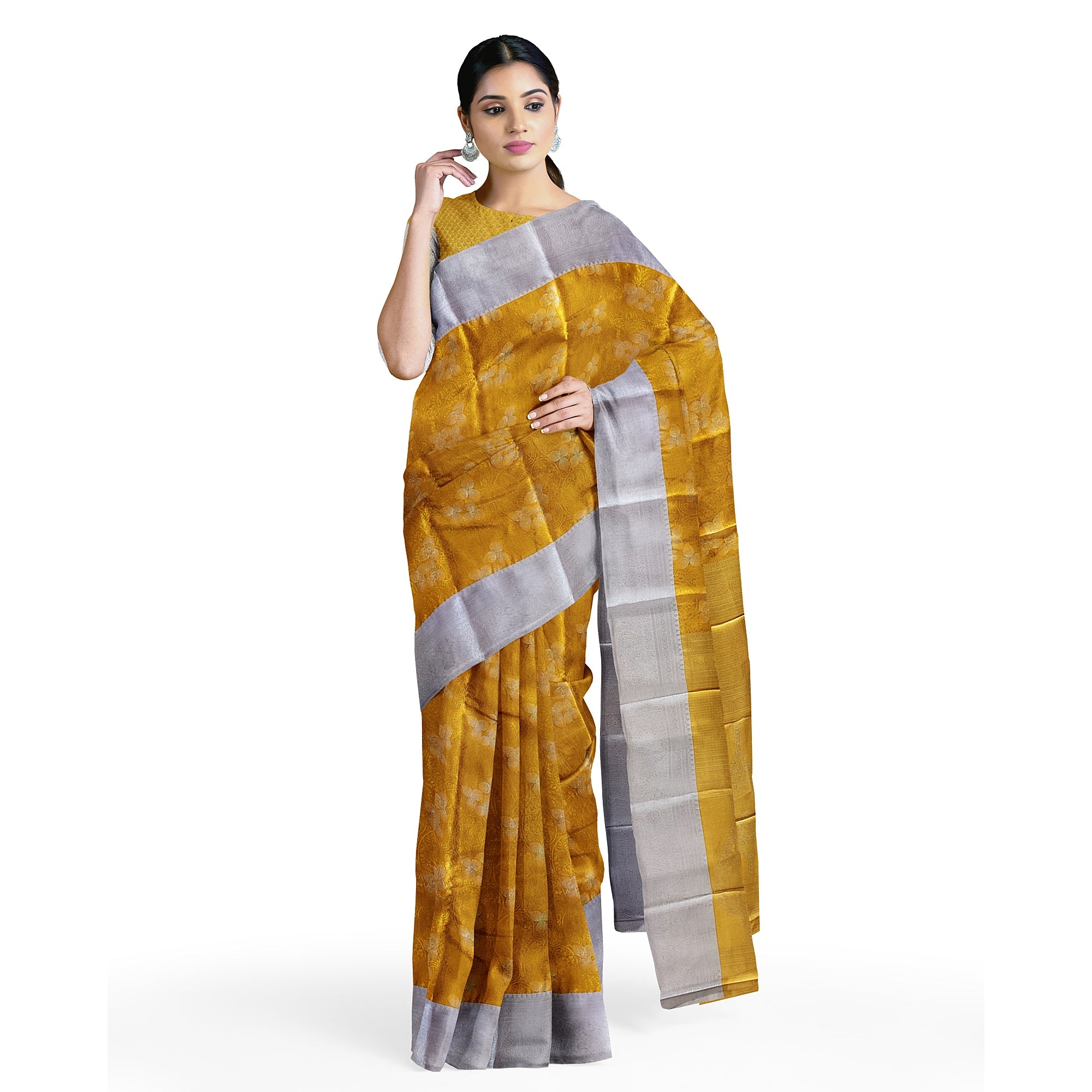 Gold Saree with Silver Border – Semi Tissue Silk Elegance