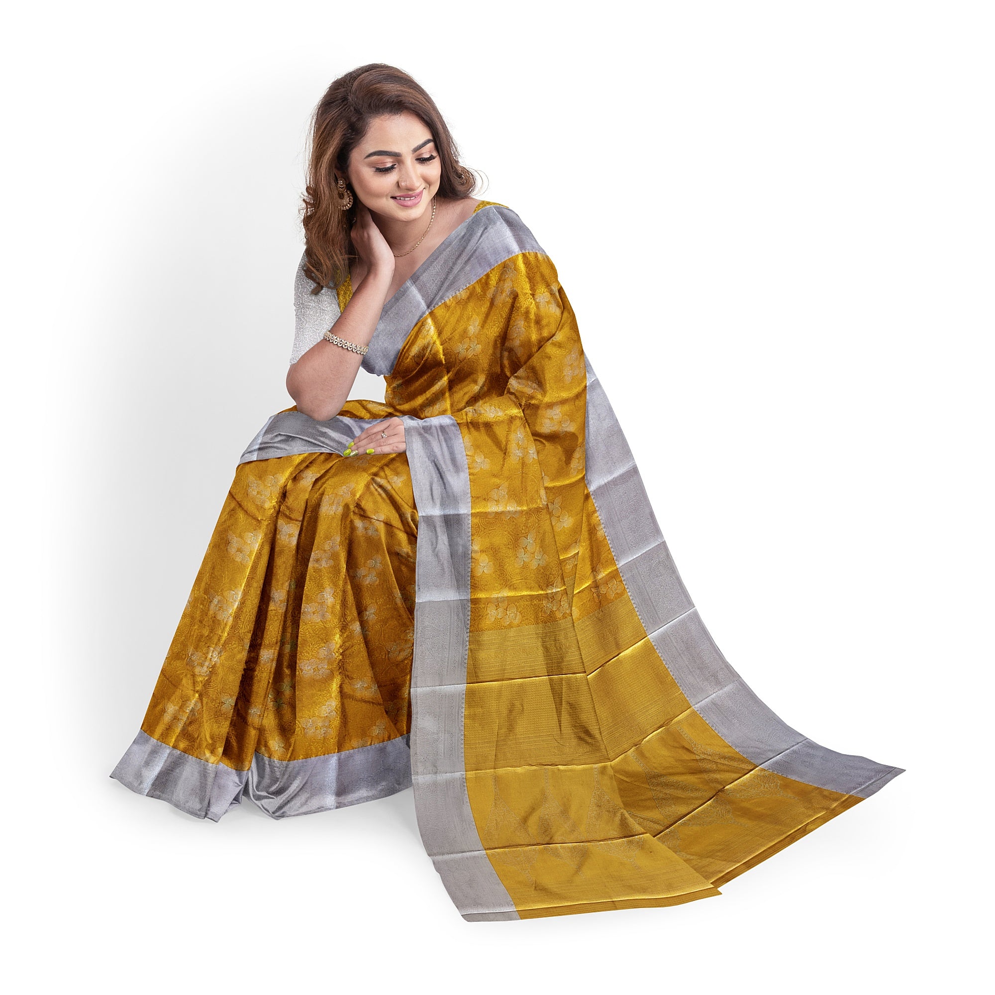 Gold Saree with Silver Border – Semi Tissue Silk Elegance