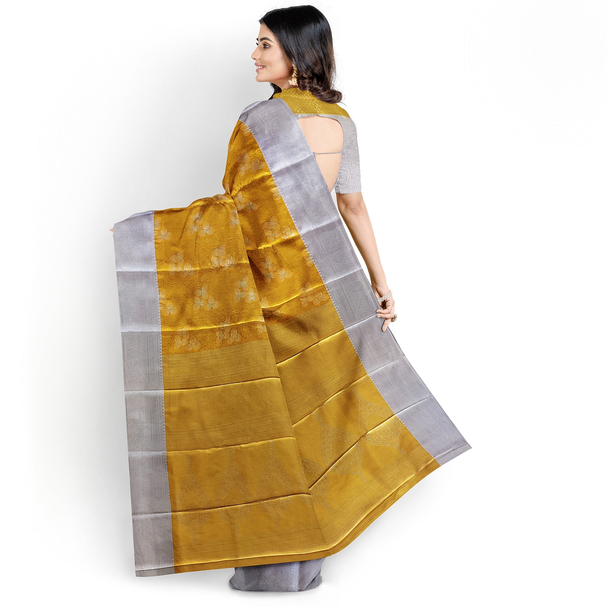 Gold Saree with Silver Border – Semi Tissue Silk Elegance