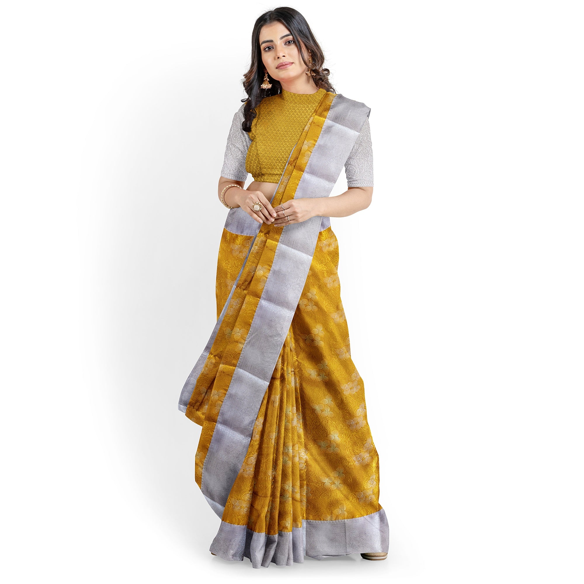 Gold Saree with Silver Border – Semi Tissue Silk Elegance