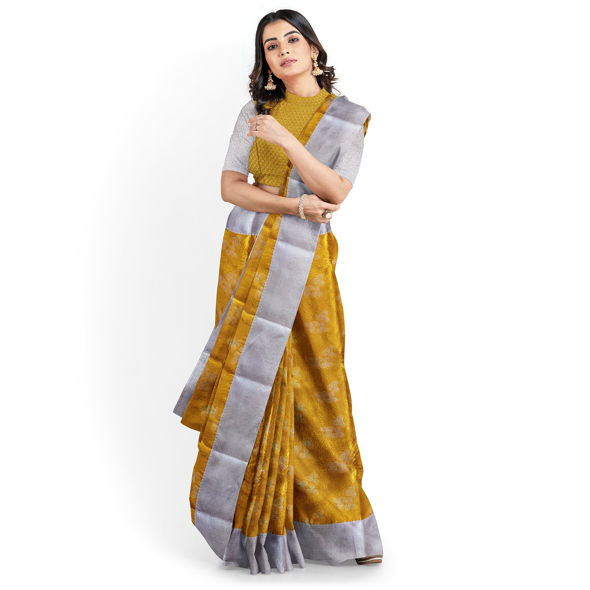 Gold Saree with Silver Border – Semi Tissue Silk Elegance