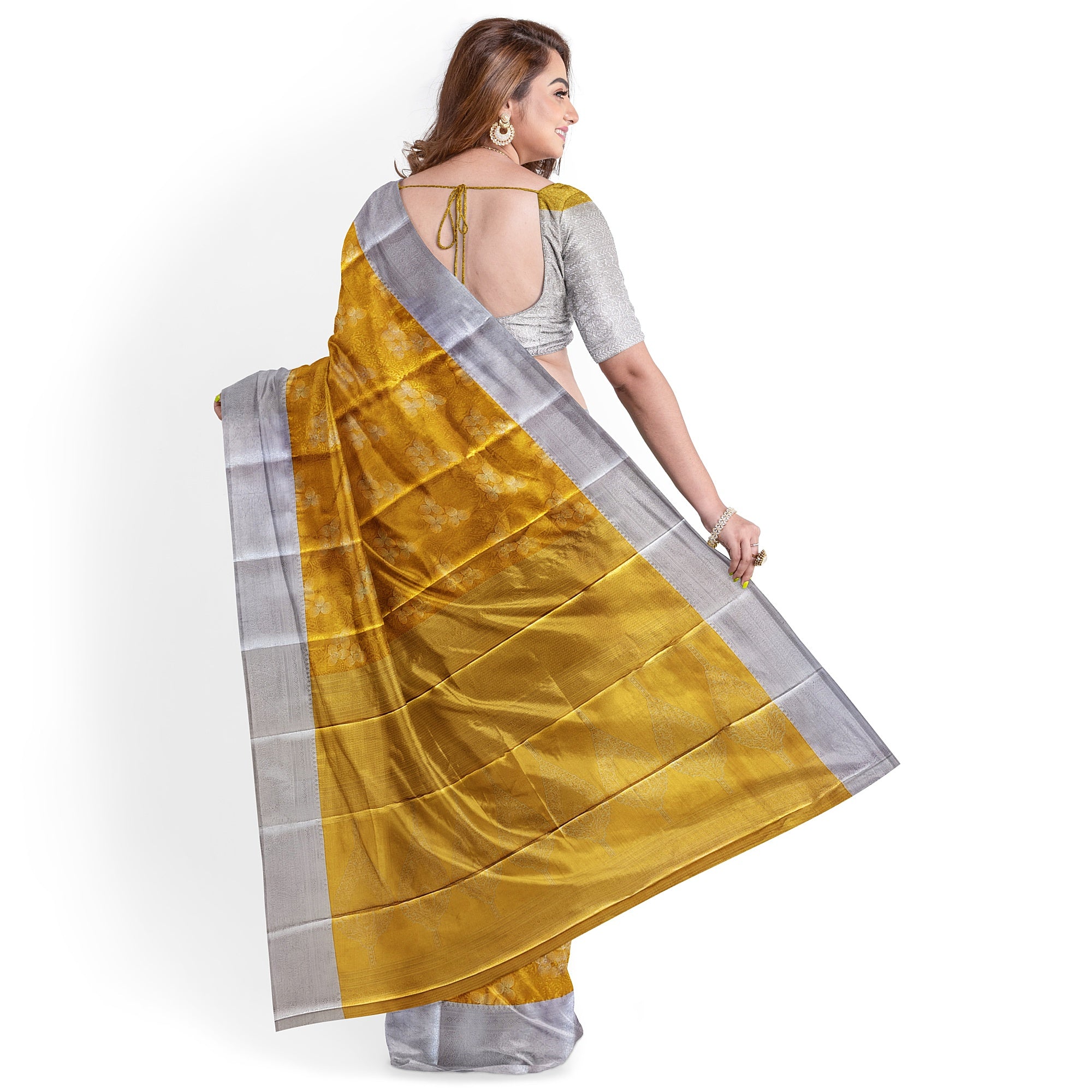 Gold Saree with Silver Border – Semi Tissue Silk Elegance