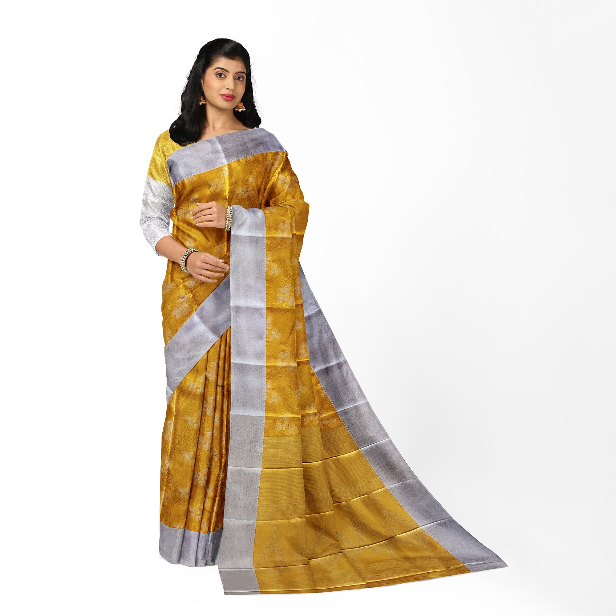 Gold Saree with Silver Border – Semi Tissue Silk Elegance