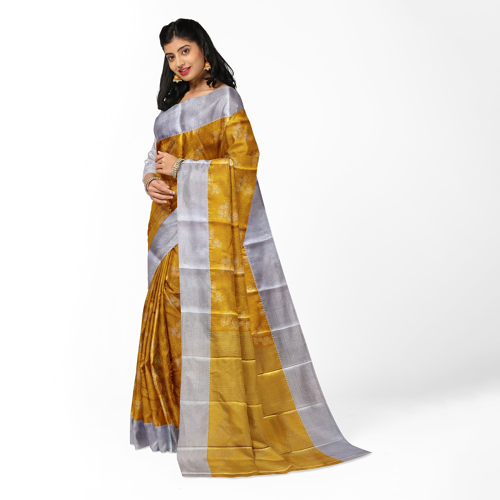 Gold Saree with Silver Border – Semi Tissue Silk Elegance