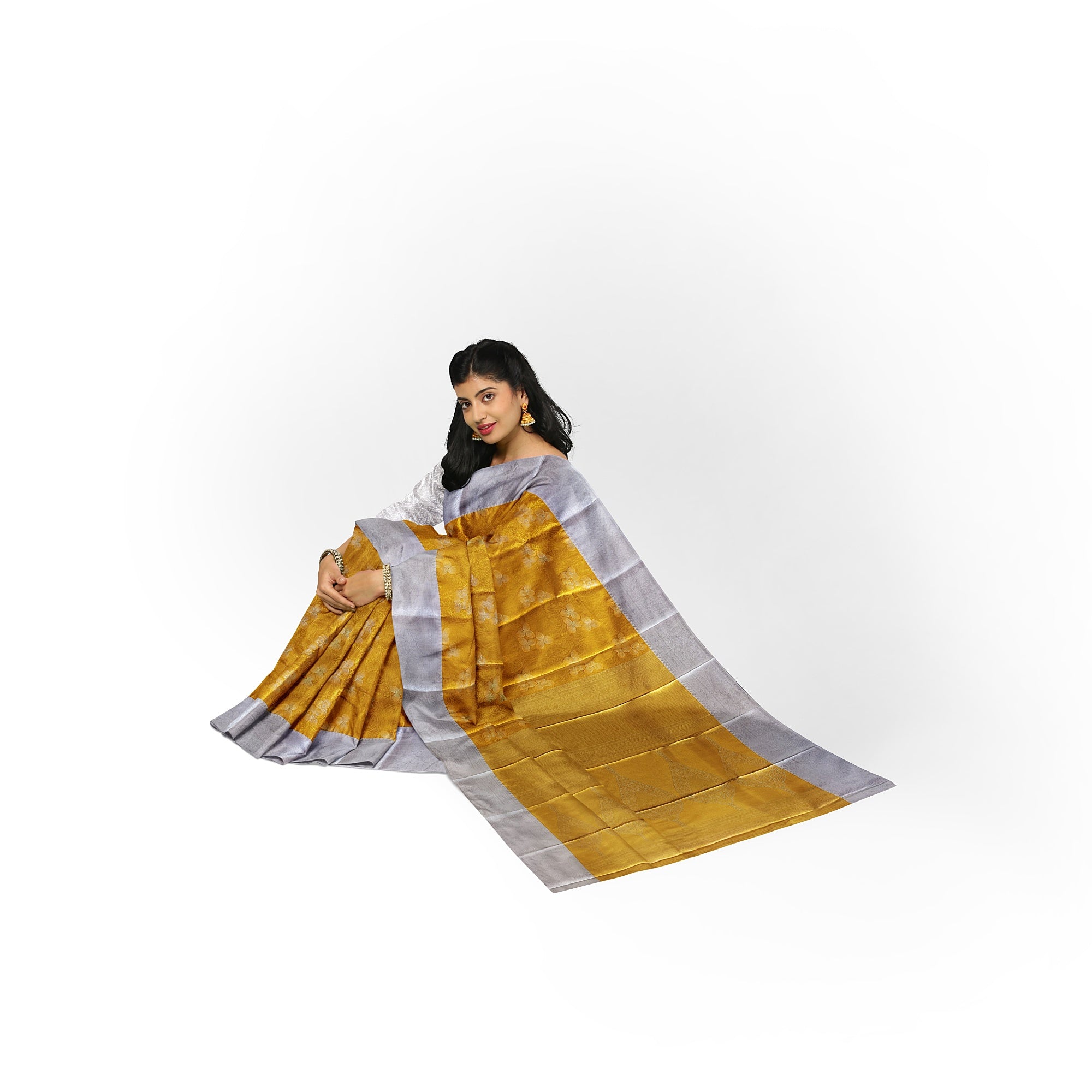 Gold Saree with Silver Border – Semi Tissue Silk Elegance