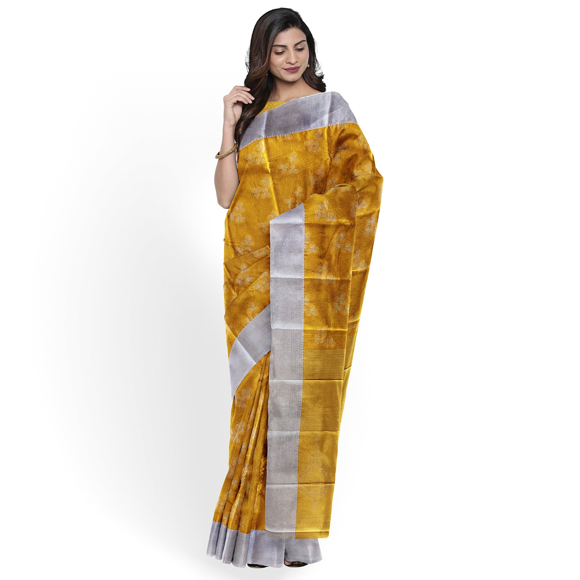 Gold Saree with Silver Border – Semi Tissue Silk Elegance