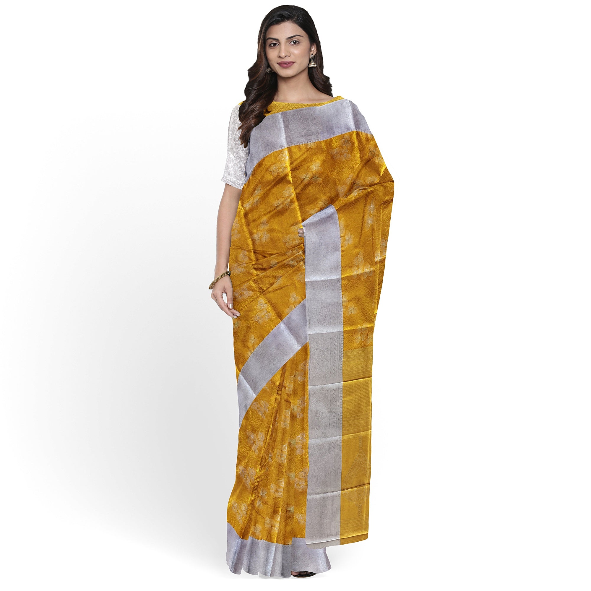 Gold Saree with Silver Border – Semi Tissue Silk Elegance