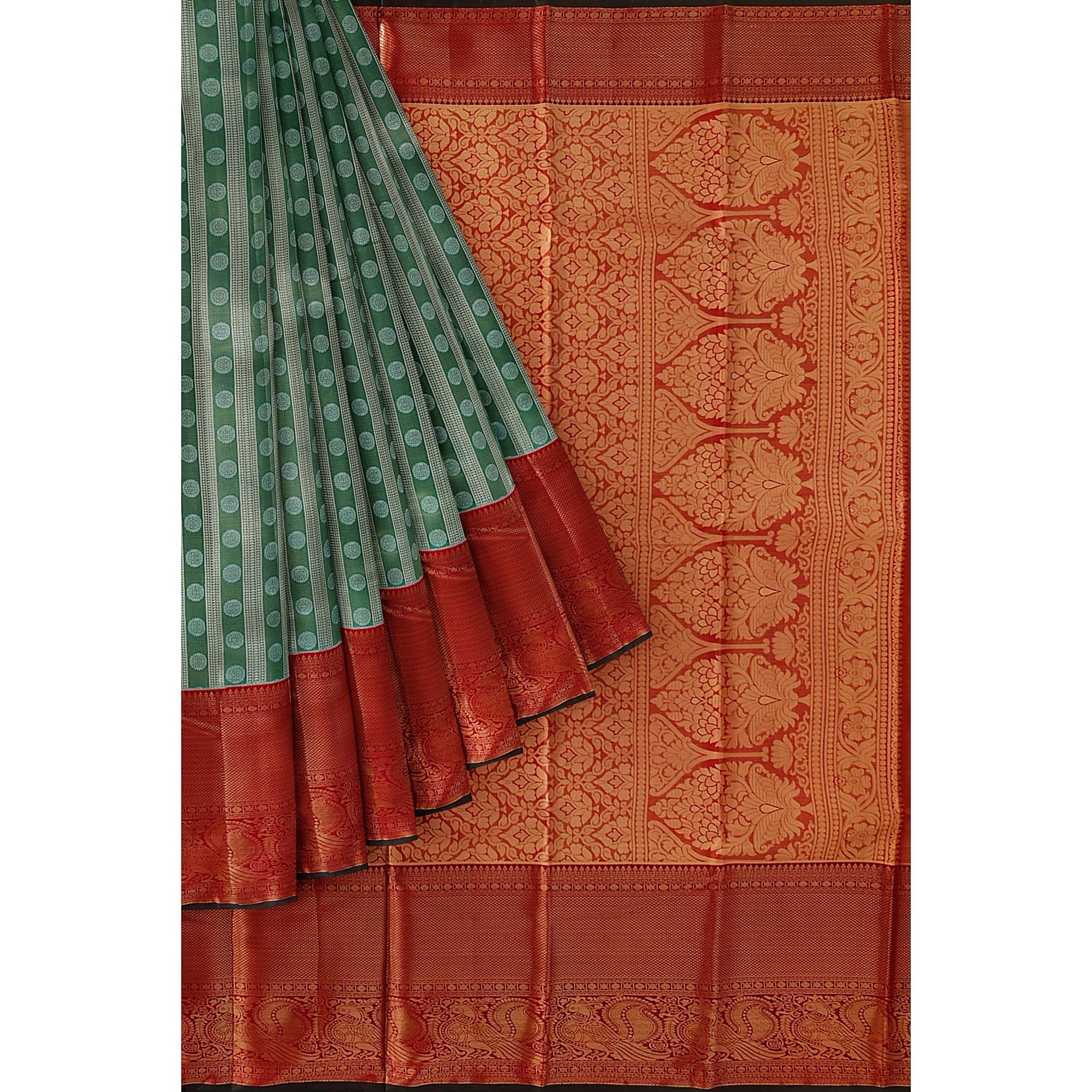 Green & Silver Body Zari Butta with Red Border – Traditional Grand Look Saree