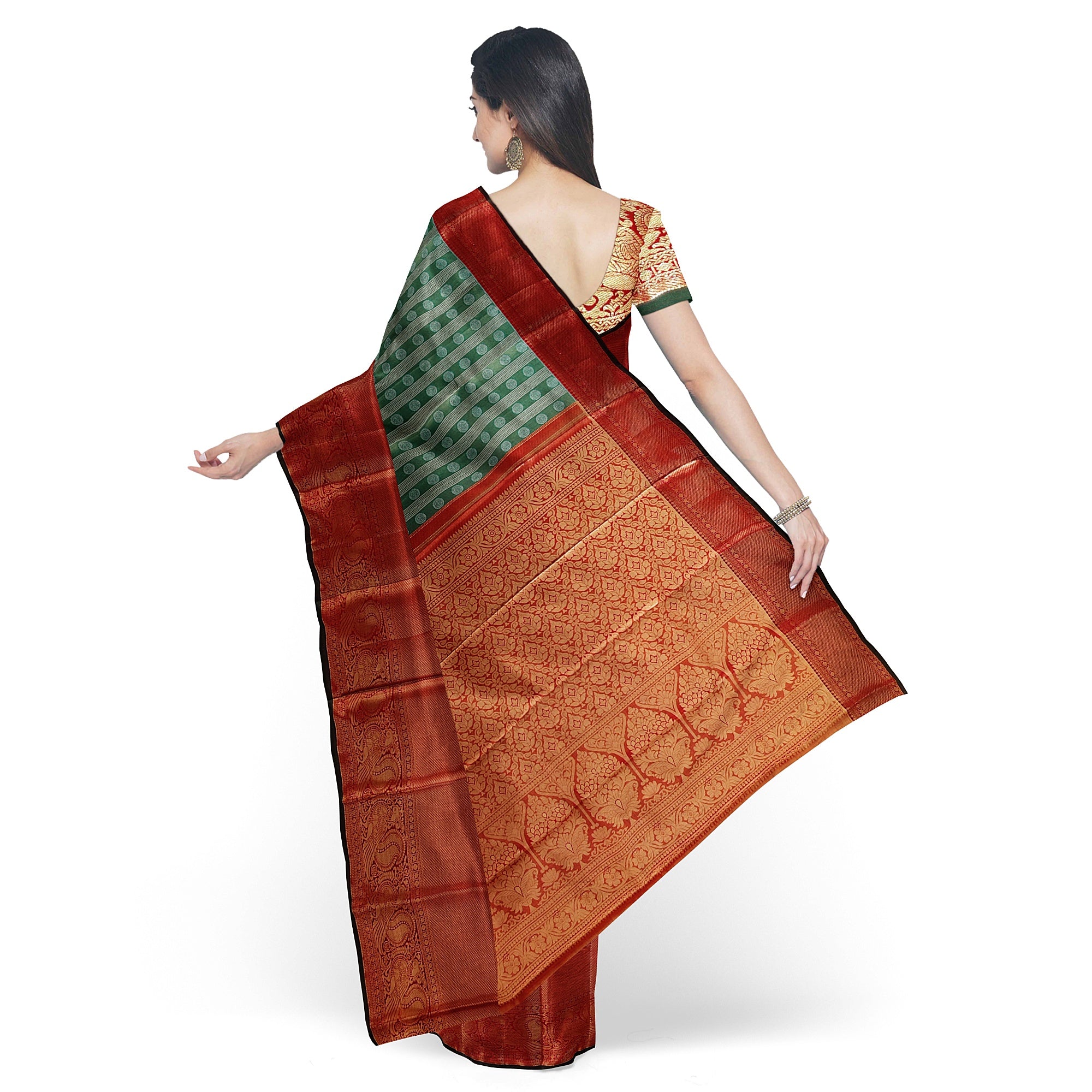 Green & Silver Body Zari Butta with Red Border – Traditional Grand Look Saree