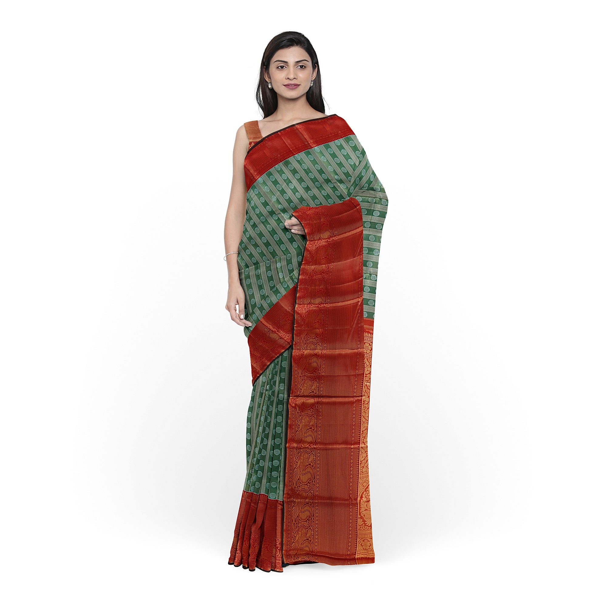 Green & Silver Body Zari Butta with Red Border – Traditional Grand Look Saree