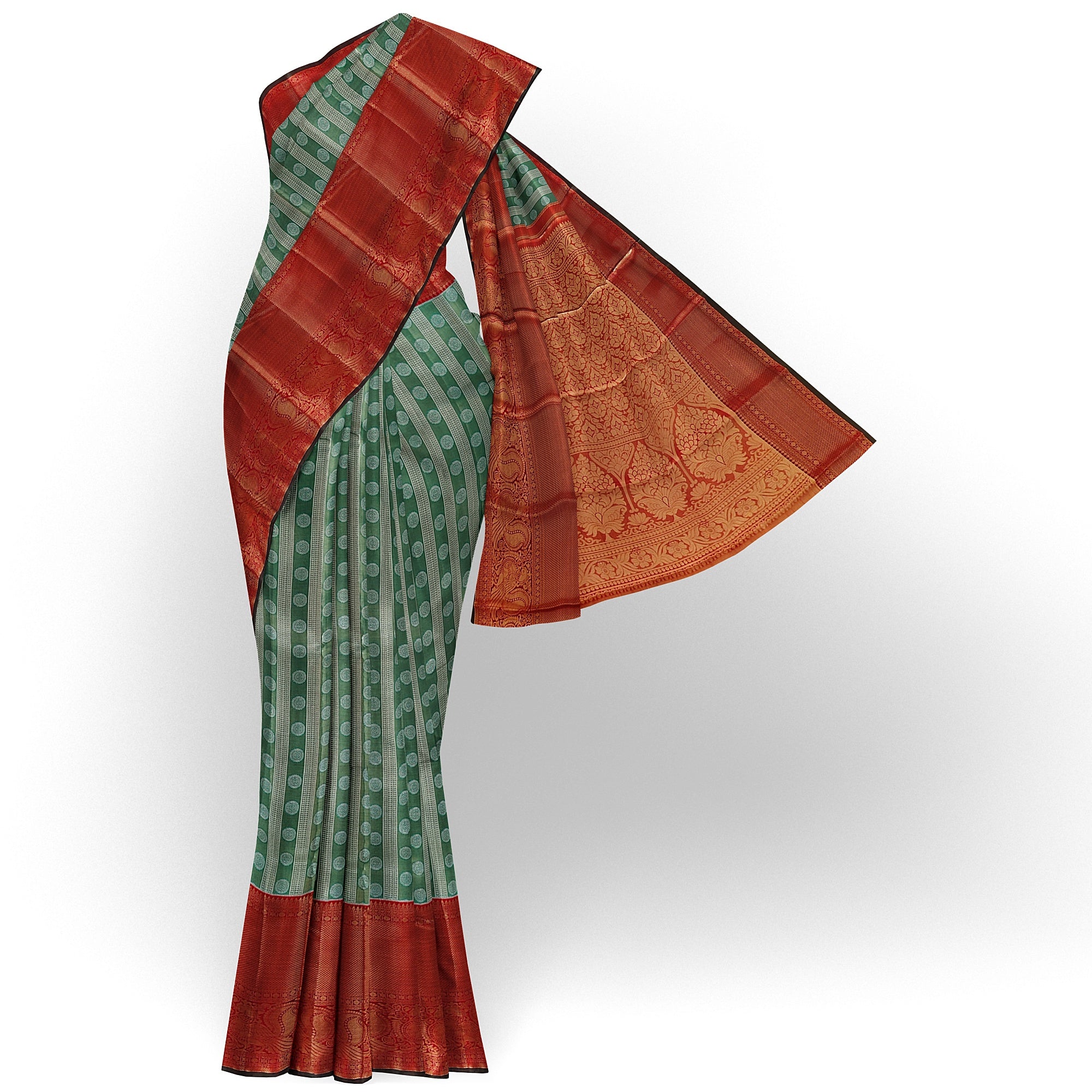 Green & Silver Body Zari Butta with Red Border – Traditional Grand Look Saree