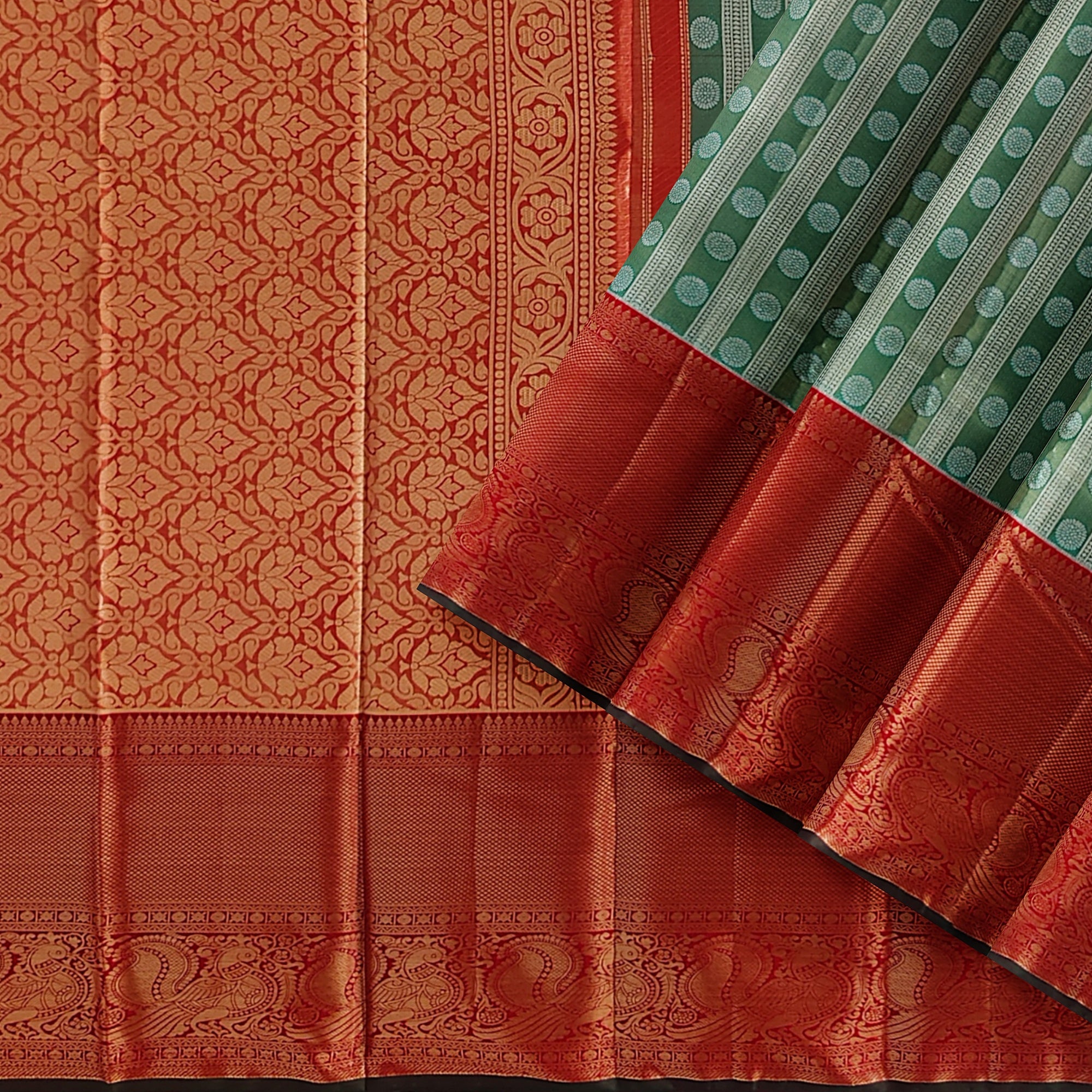 Green & Silver Body Zari Butta with Red Border – Traditional Grand Look Saree