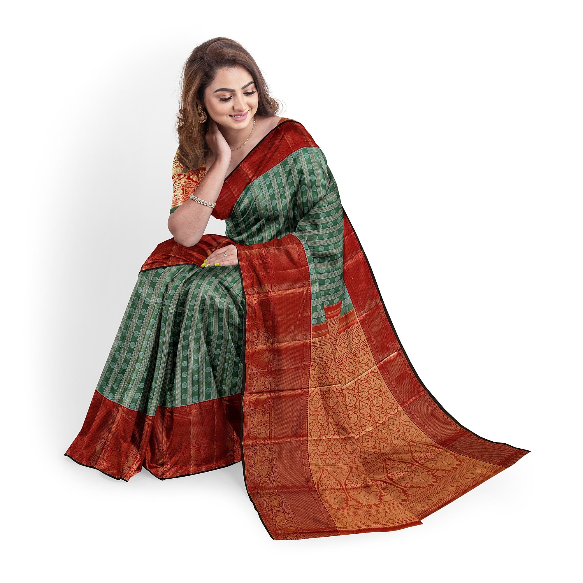 Green & Silver Body Zari Butta with Red Border – Traditional Grand Look Saree