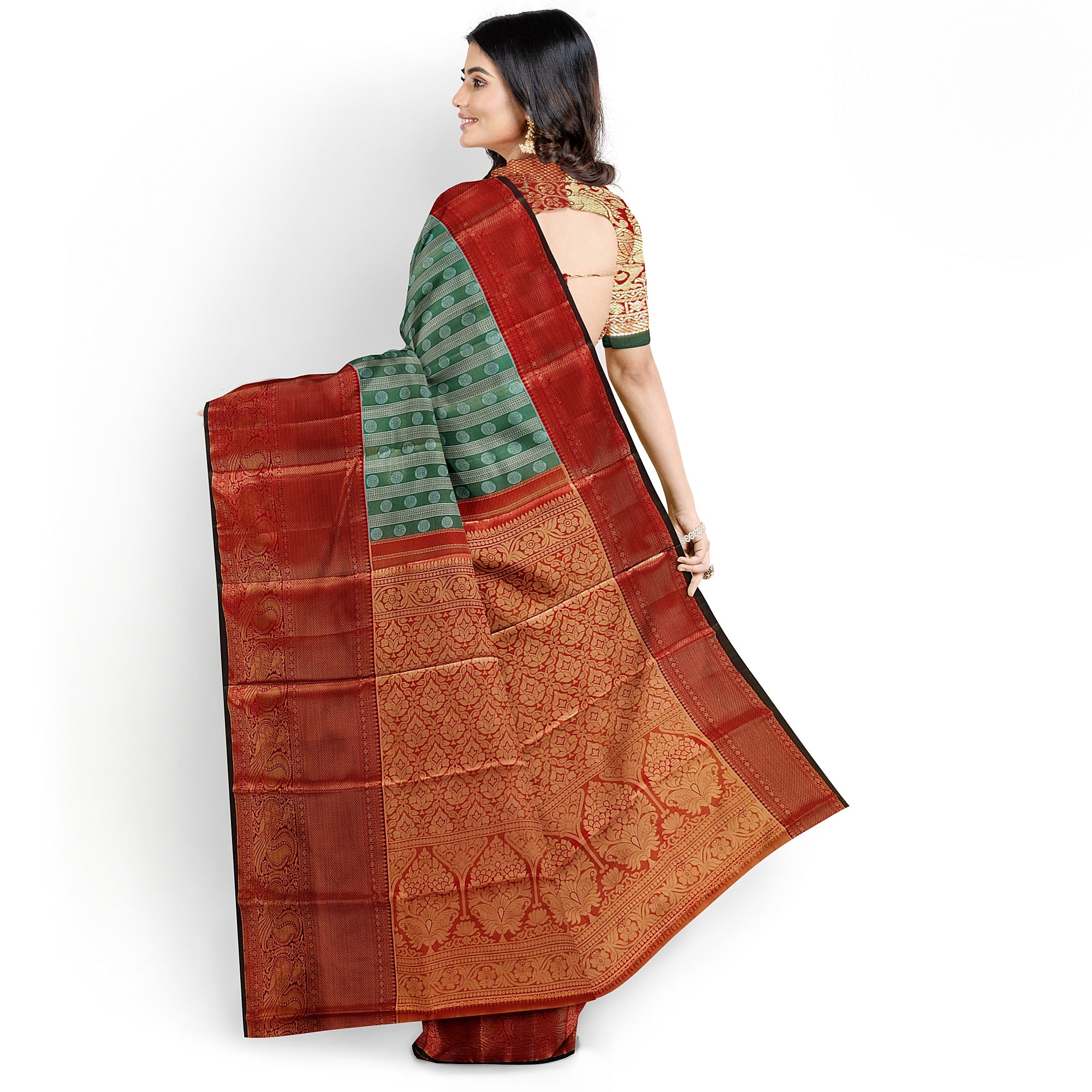 Green & Silver Body Zari Butta with Red Border – Traditional Grand Look Saree