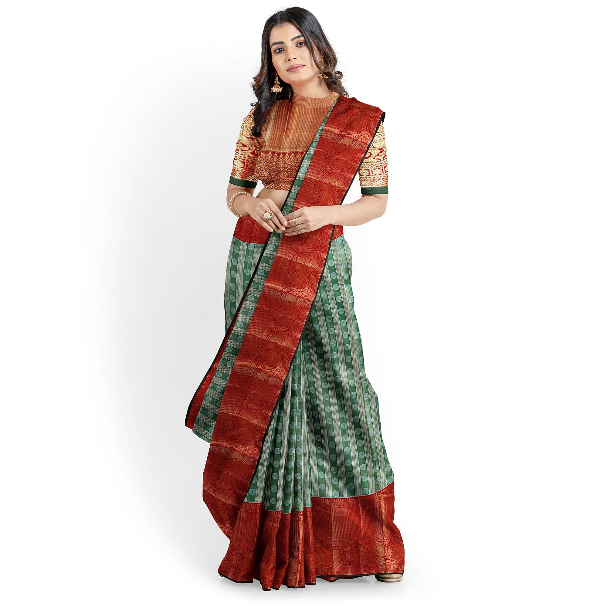 Green & Silver Body Zari Butta with Red Border – Traditional Grand Look Saree