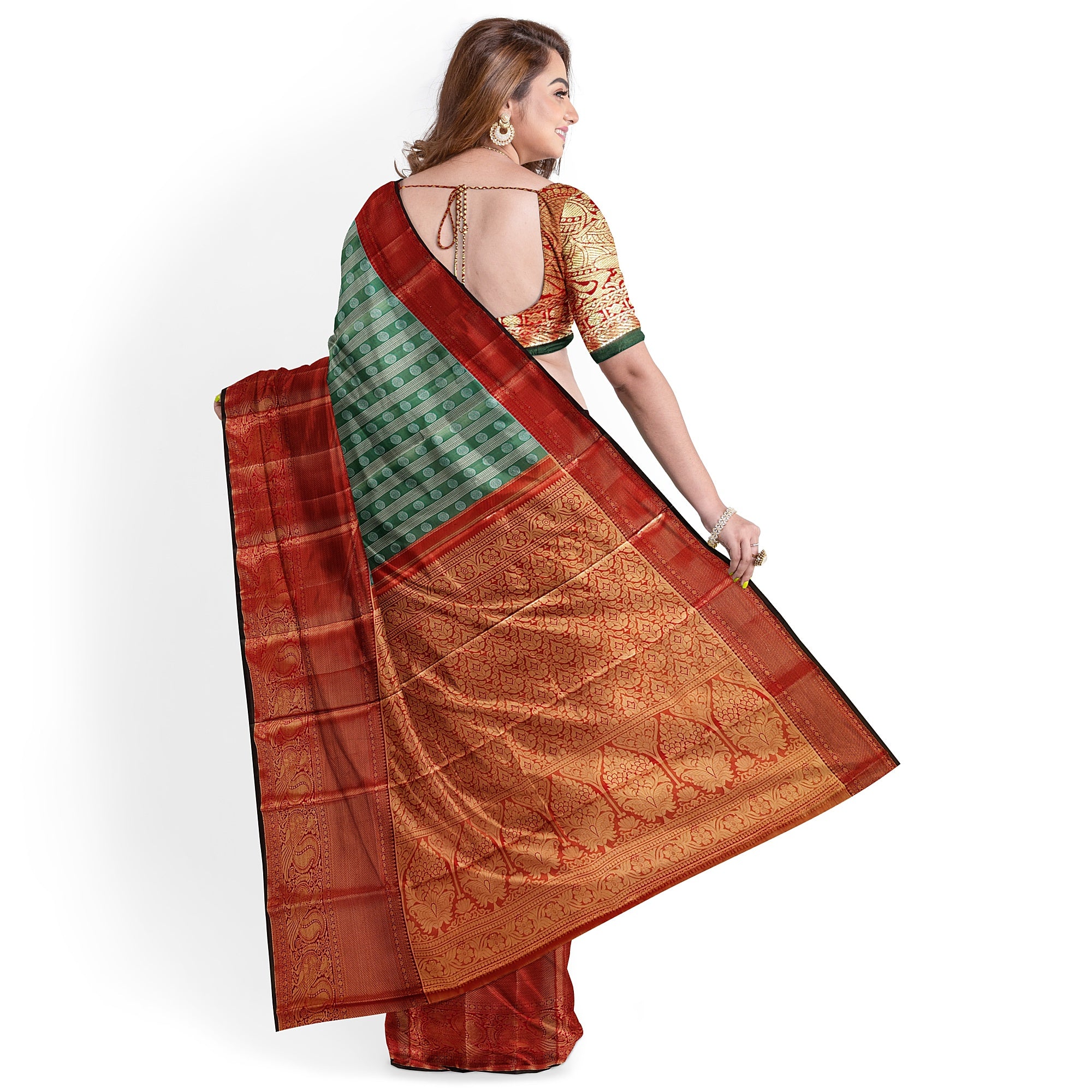 Green & Silver Body Zari Butta with Red Border – Traditional Grand Look Saree