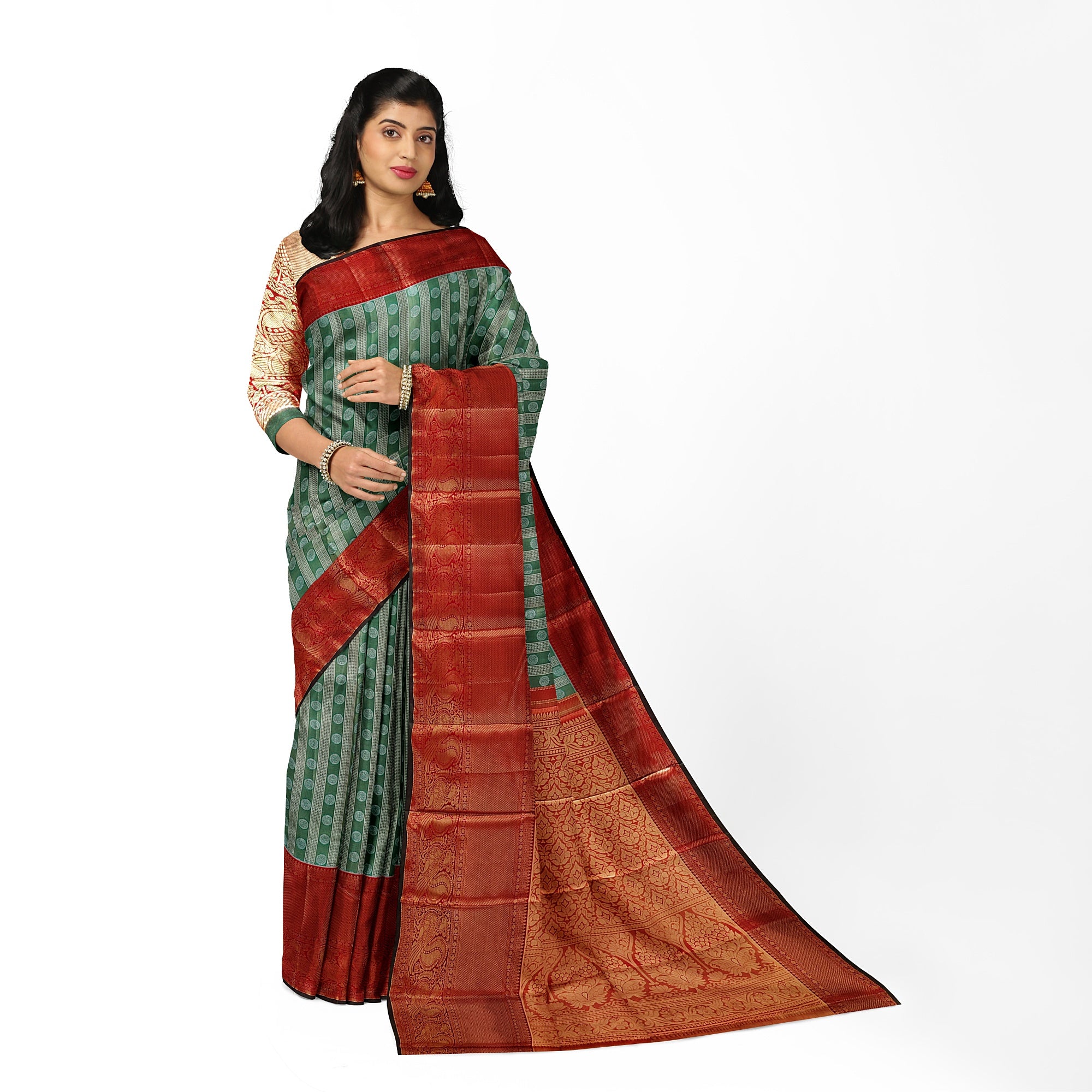 Green & Silver Body Zari Butta with Red Border – Traditional Grand Look Saree