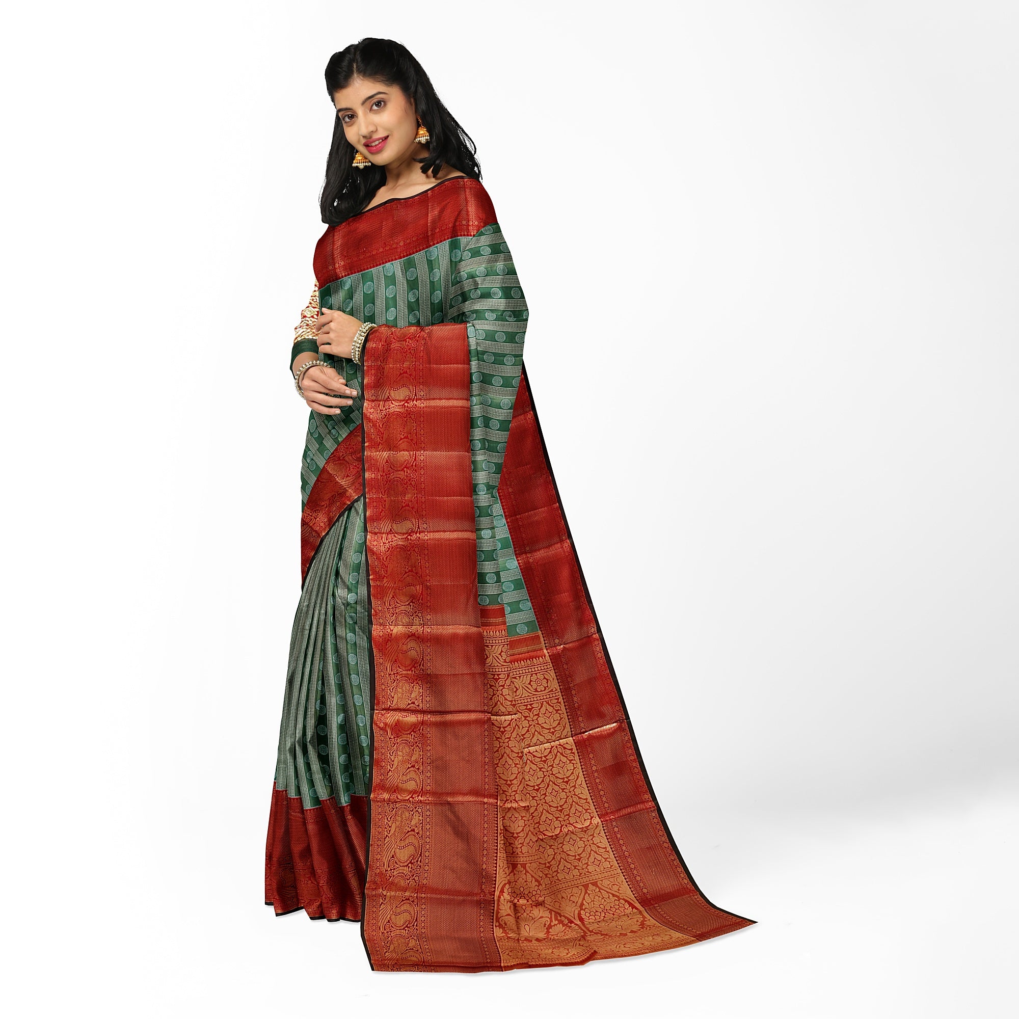 Green & Silver Body Zari Butta with Red Border – Traditional Grand Look Saree