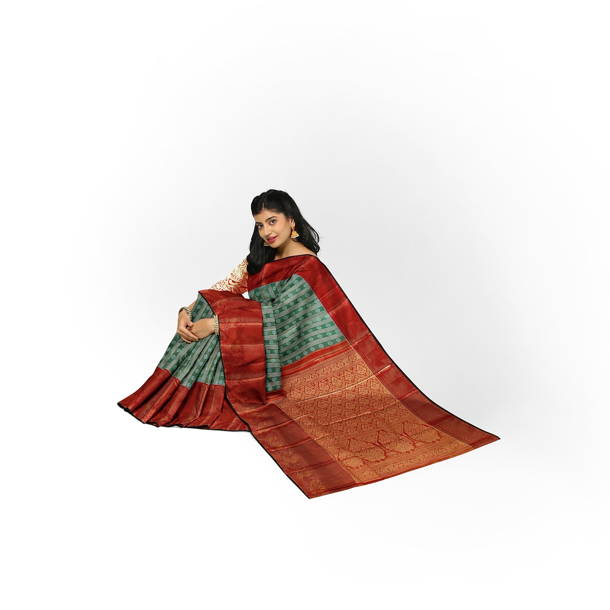 Green & Silver Body Zari Butta with Red Border – Traditional Grand Look Saree