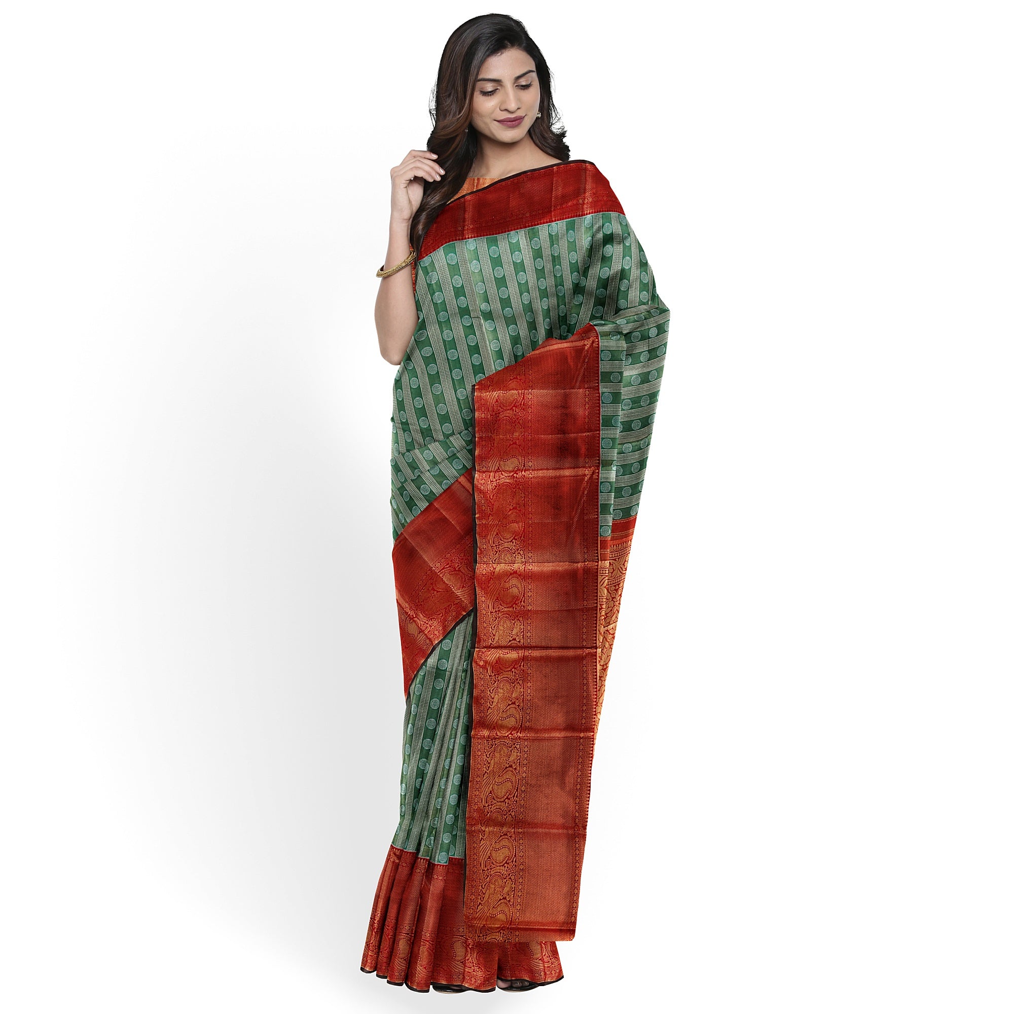 Green & Silver Body Zari Butta with Red Border – Traditional Grand Look Saree