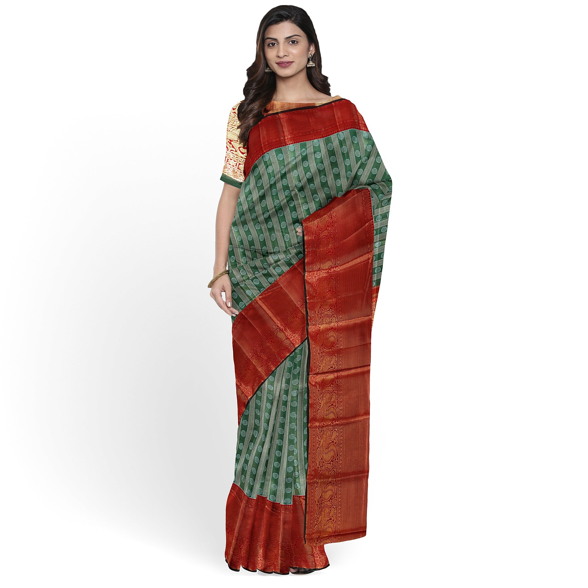 Green & Silver Body Zari Butta with Red Border – Traditional Grand Look Saree