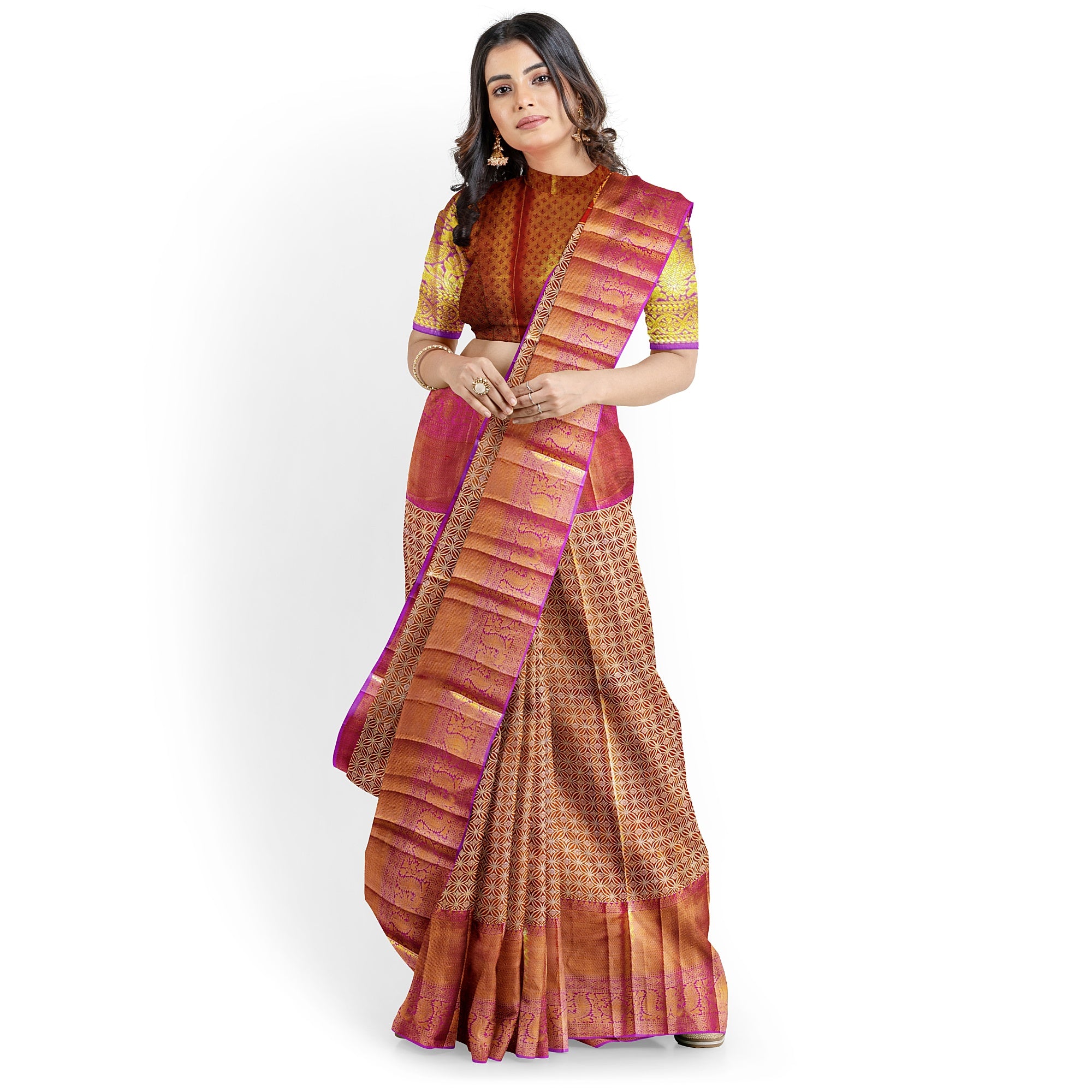 Elegant Onion Pink with Lavender Border Kanjivaram Tissue Silk Saree