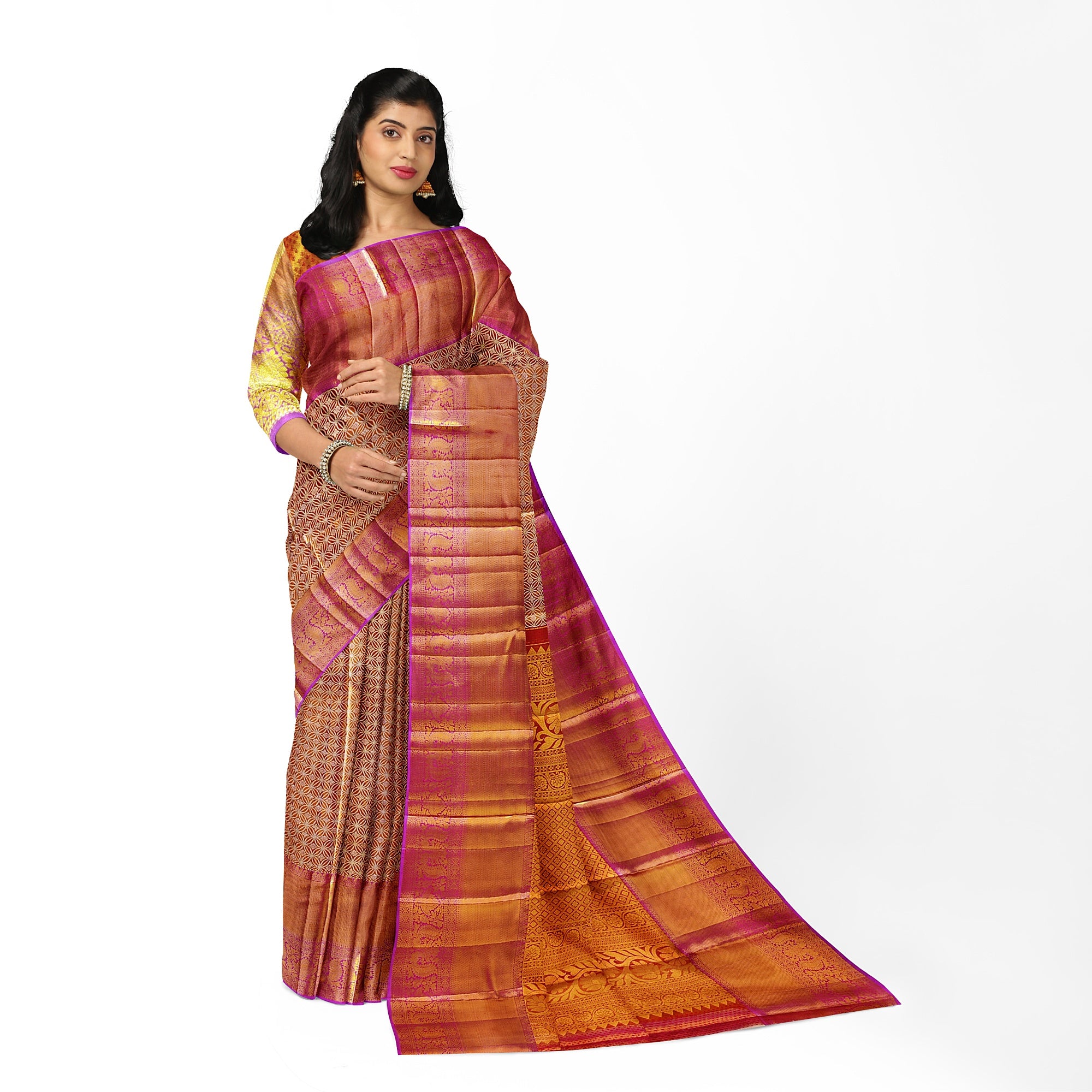 Elegant Onion Pink with Lavender Border Kanjivaram Tissue Silk Saree