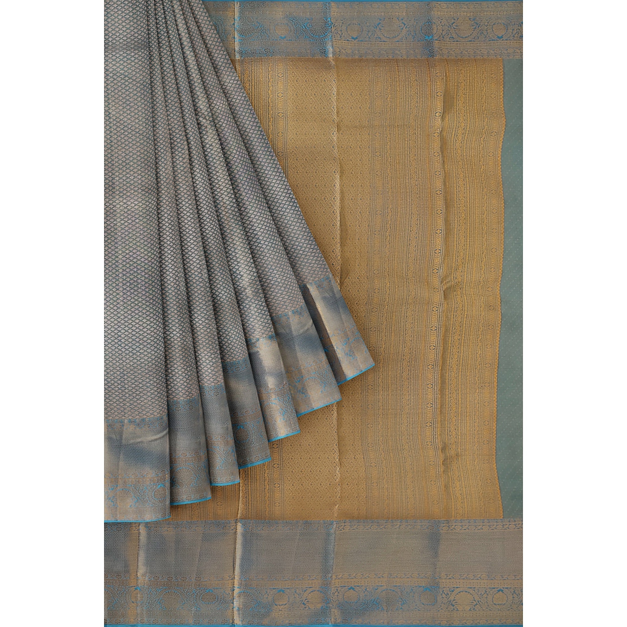 Blue & Gold Tissue Silk Saree with Gold Double Shade – Grand Traditional Look